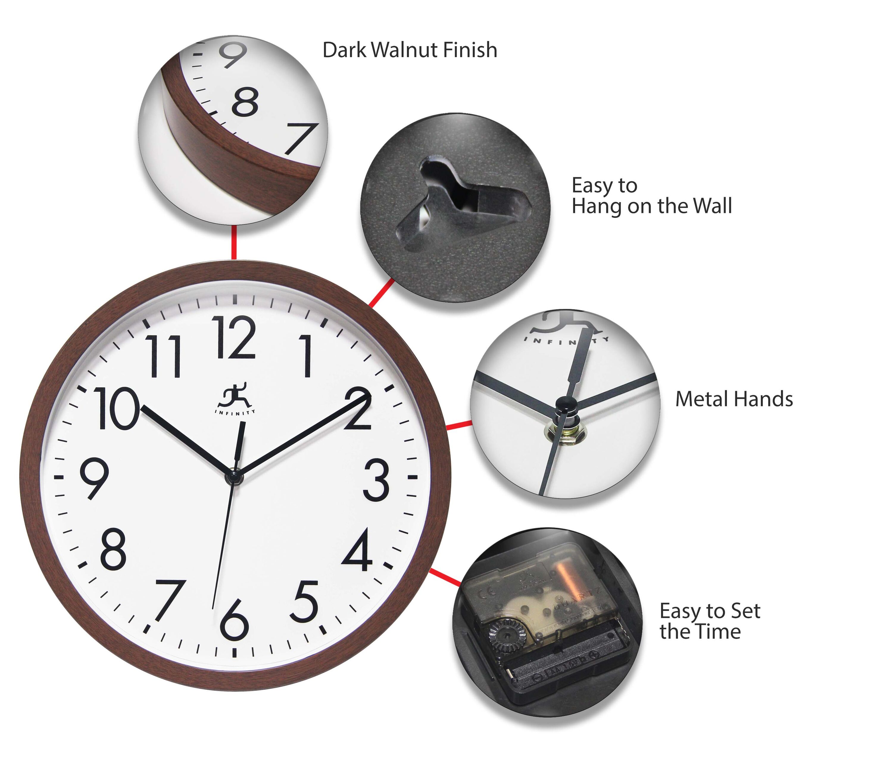 12" Walnut Brown Plastic Wall Clock with Glass Lens