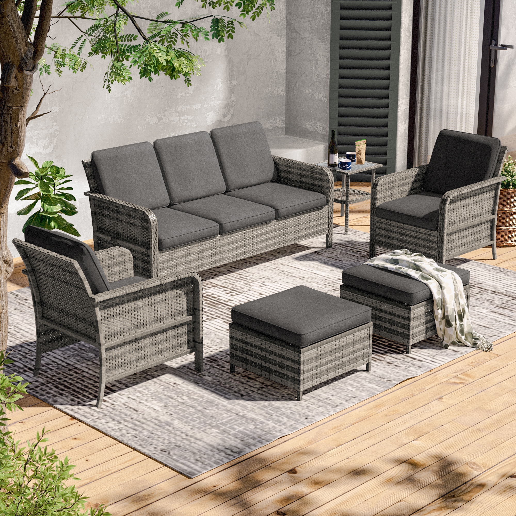 ACEGOSES LW-115BGY-T1 6 -Piece Wicker Patio Sofa Conversation Set with Gray Cushions