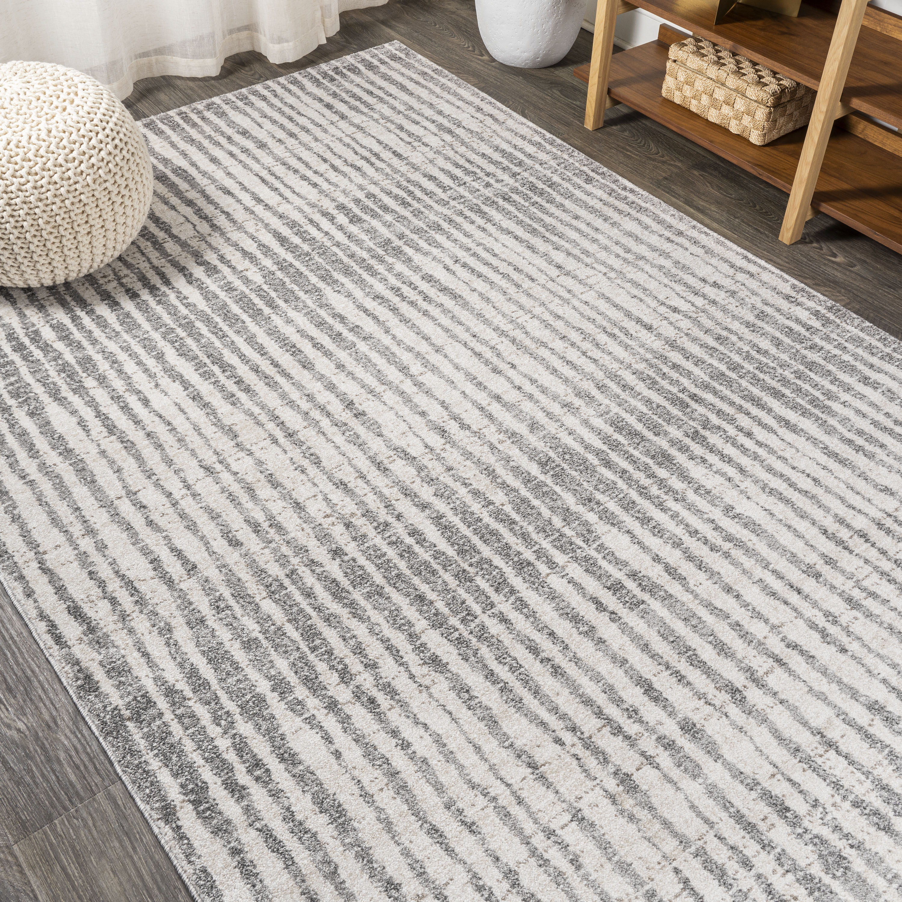 Skoura 3' x 5' Beige and Gray Stripe Synthetic Area Rug