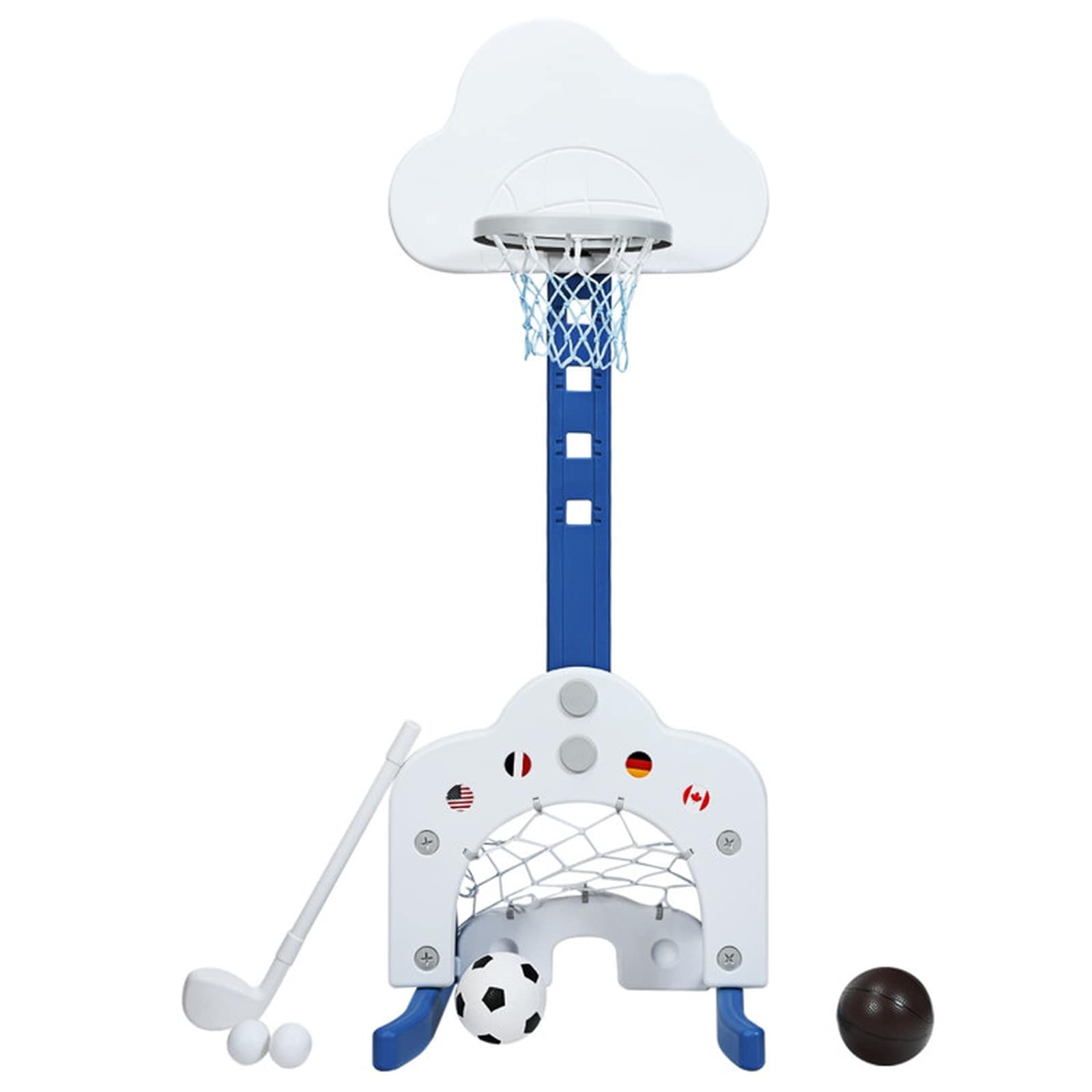 SUGIFT White 3-in-1 Kids Basketball Hoop 5-Level 30.5-in to 45.5-in Toddler Sports Activity Center Soccer Goal Golf Clubs Sand Water Weighted Base