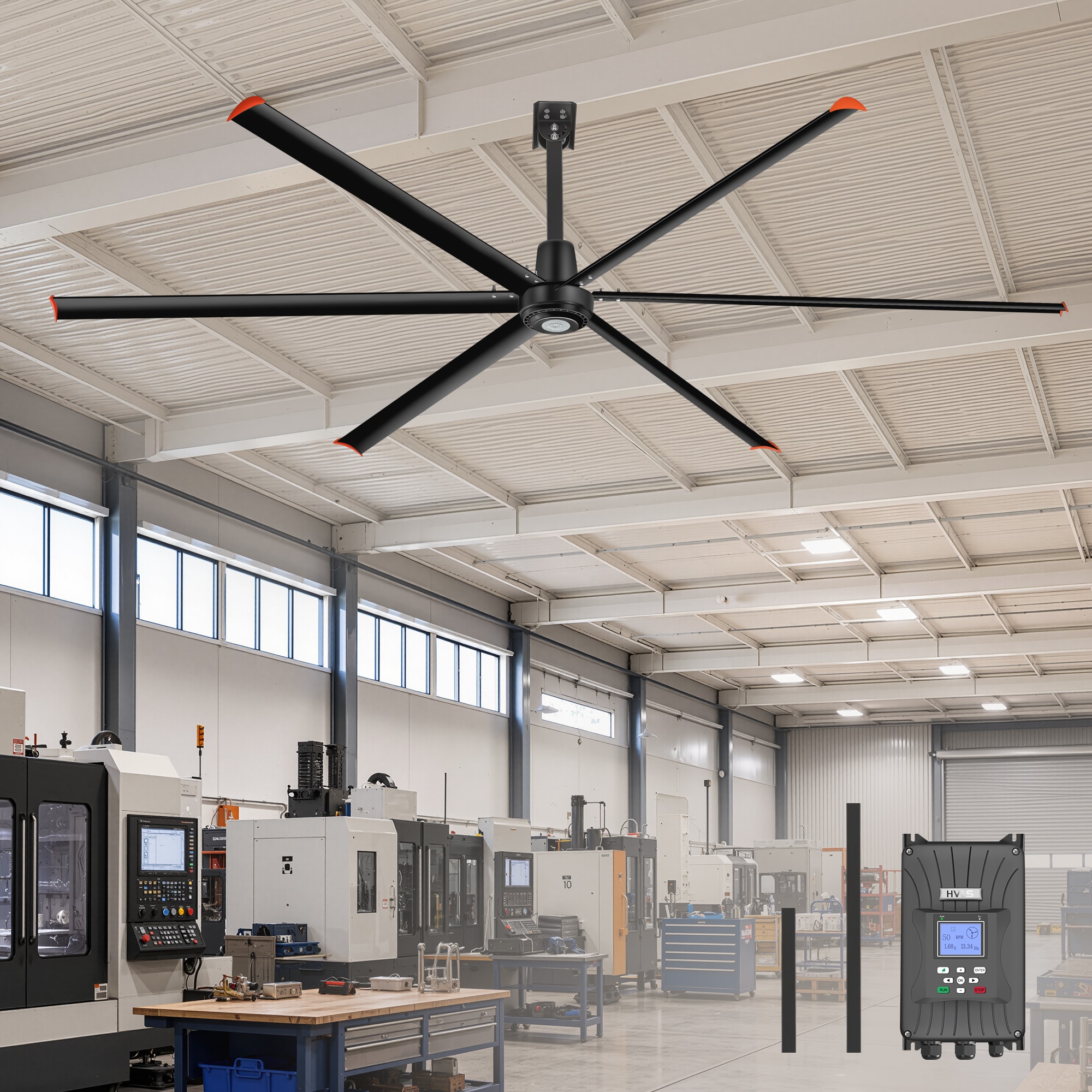 Airsurfer 144-in Matte Black with Black Aluminum Blades Covered Outdoor Downrod Commercial HVLS Industrial Ceiling Fan Ultra-Quiet Motor Without Light and Wall Control Included (6-Blade) Sansujyuku sansujyuku.com