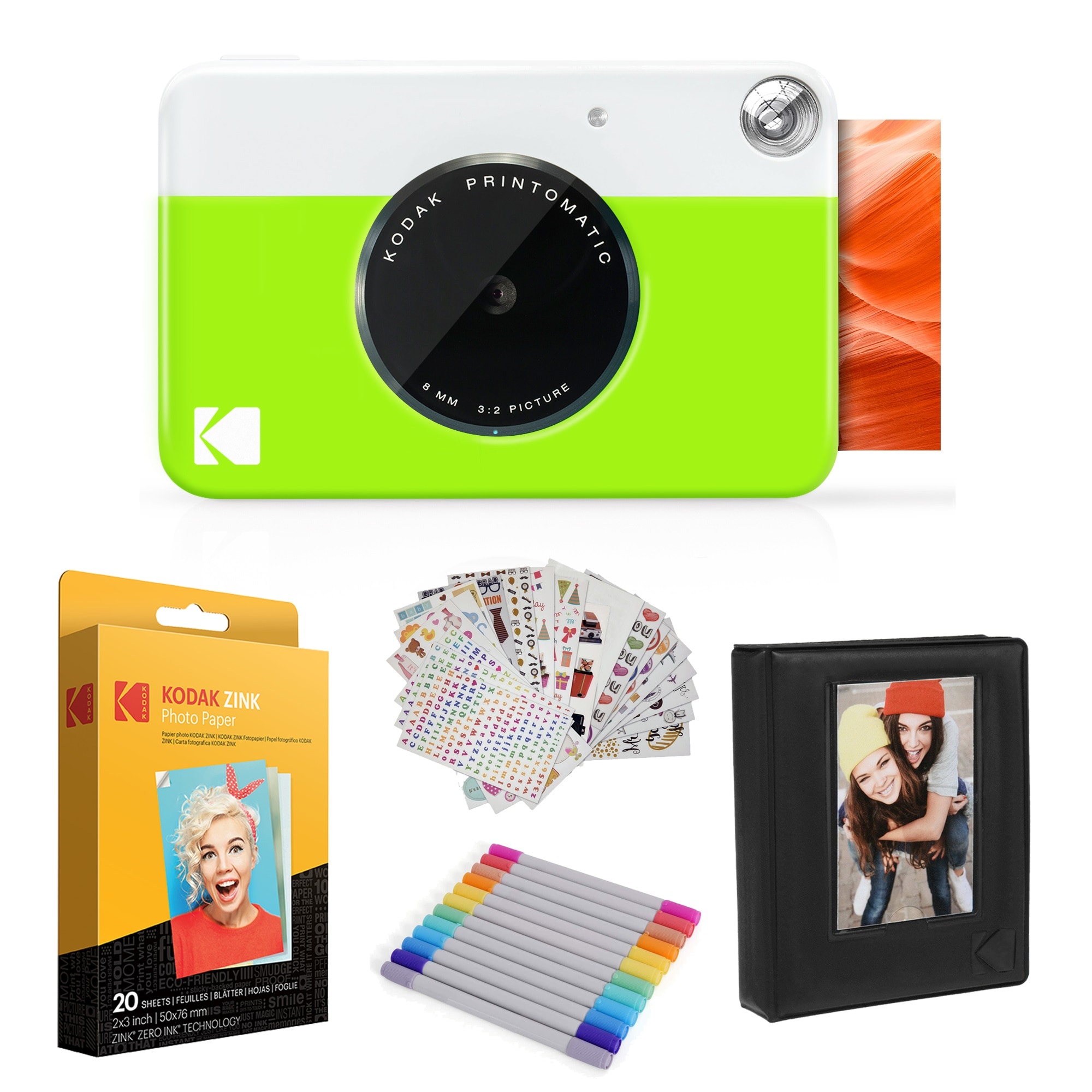 Kodak AMZRODOMATICK3GN Printomatic Instant Print Camera (Green) - Photo Paper (20 Sheets) and Accesories Gift Bundle