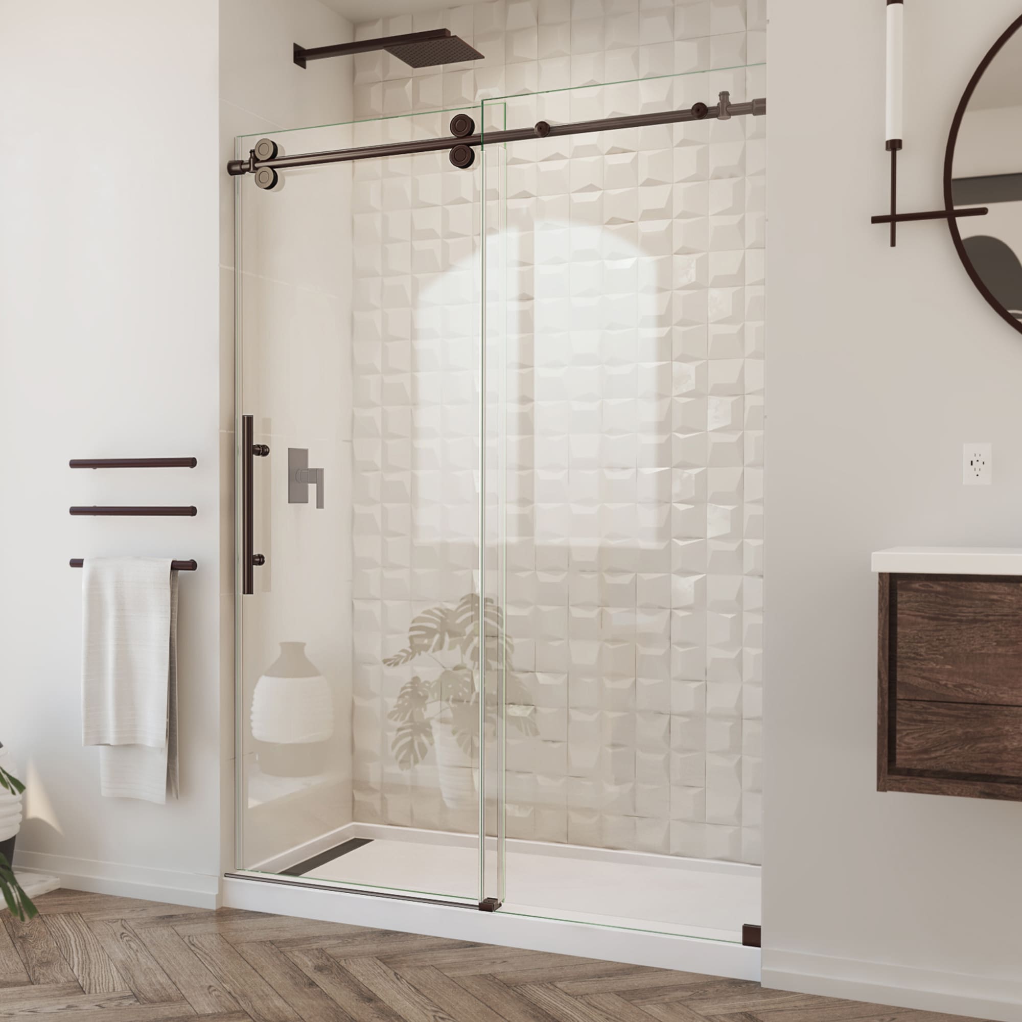 DreamLine SHDR-61547620-06 Enigma-XO Oil Rubbed Bronze 50-in to 54-in W x 76.0-in H Frameless Sliding Shower door 3/8-in Thick Clear Glass