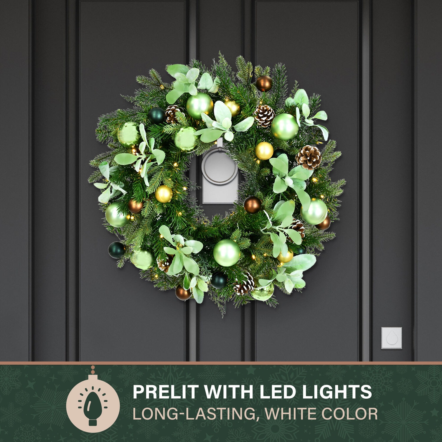 24-Inch Green and Brown Artificial Christmas Wreath with Pinecones and LED Lights