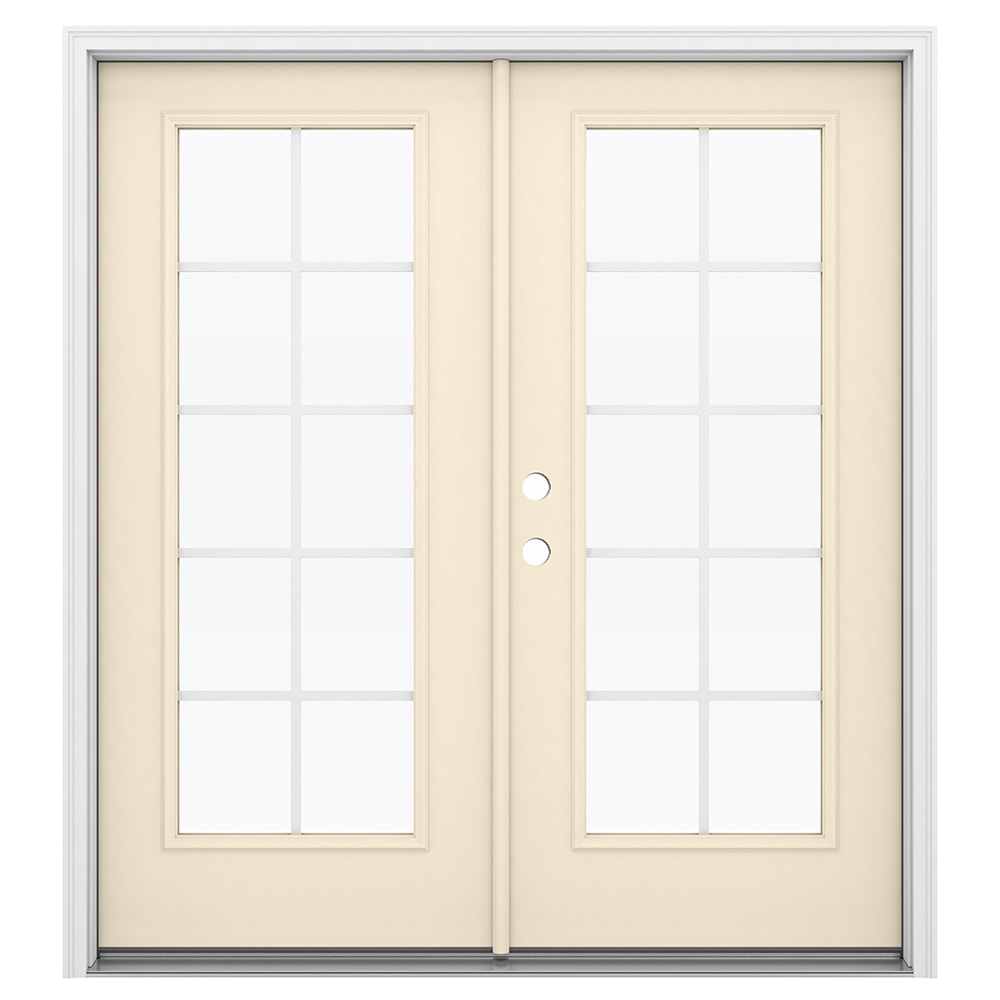 JELD-WEN LOWOLJW192600150 French 72-in x 80-in x 4-9/16-in Jamb Low-e Grilles Between The Glass Bisque Steel French Right-Hand Inswing Double Patio Door Brickmould Included