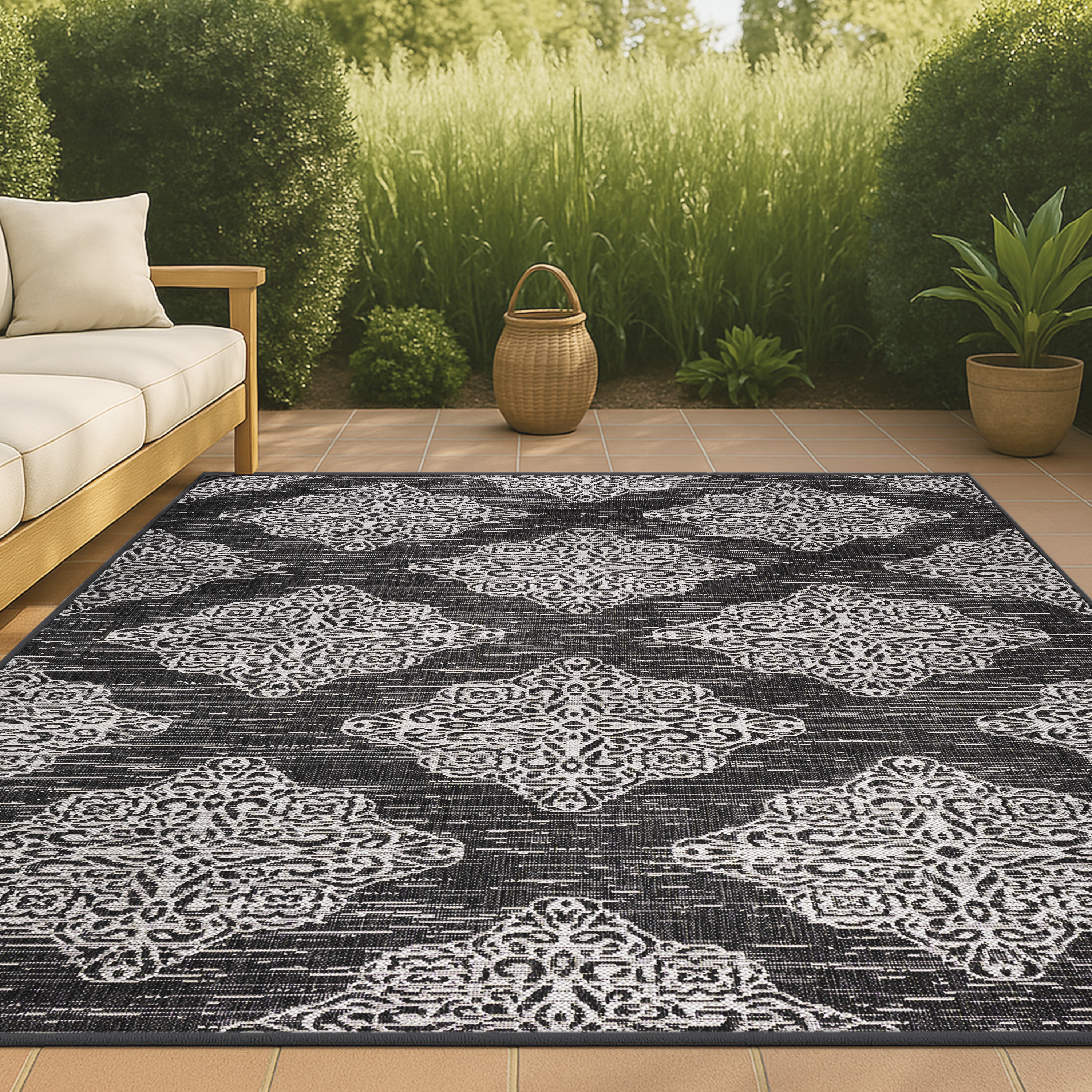 JONATHAN  Y SMB121B-3 Santa Monica Tuscany 3 x 5 (ft) Loomed Polypropylene Black/Ivory Rectangular Indoor/Outdoor Medallion Coastal Area rug