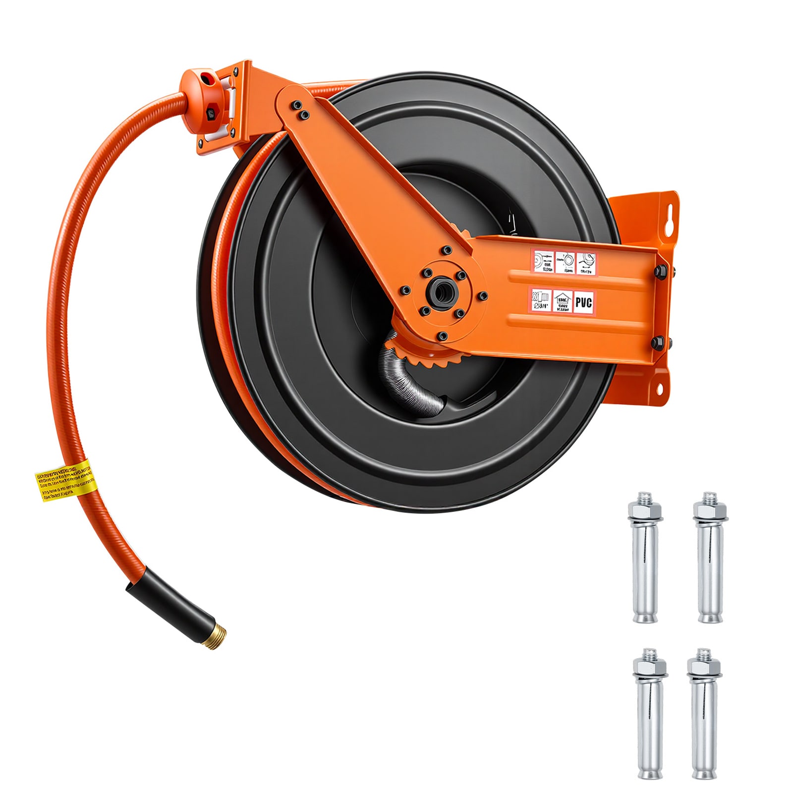 Mecale Retractable Air Hose Reel 3/4 in x 50 ft PVC Hose Auto Rewind Dual Arm 300 PSI Black and Orange