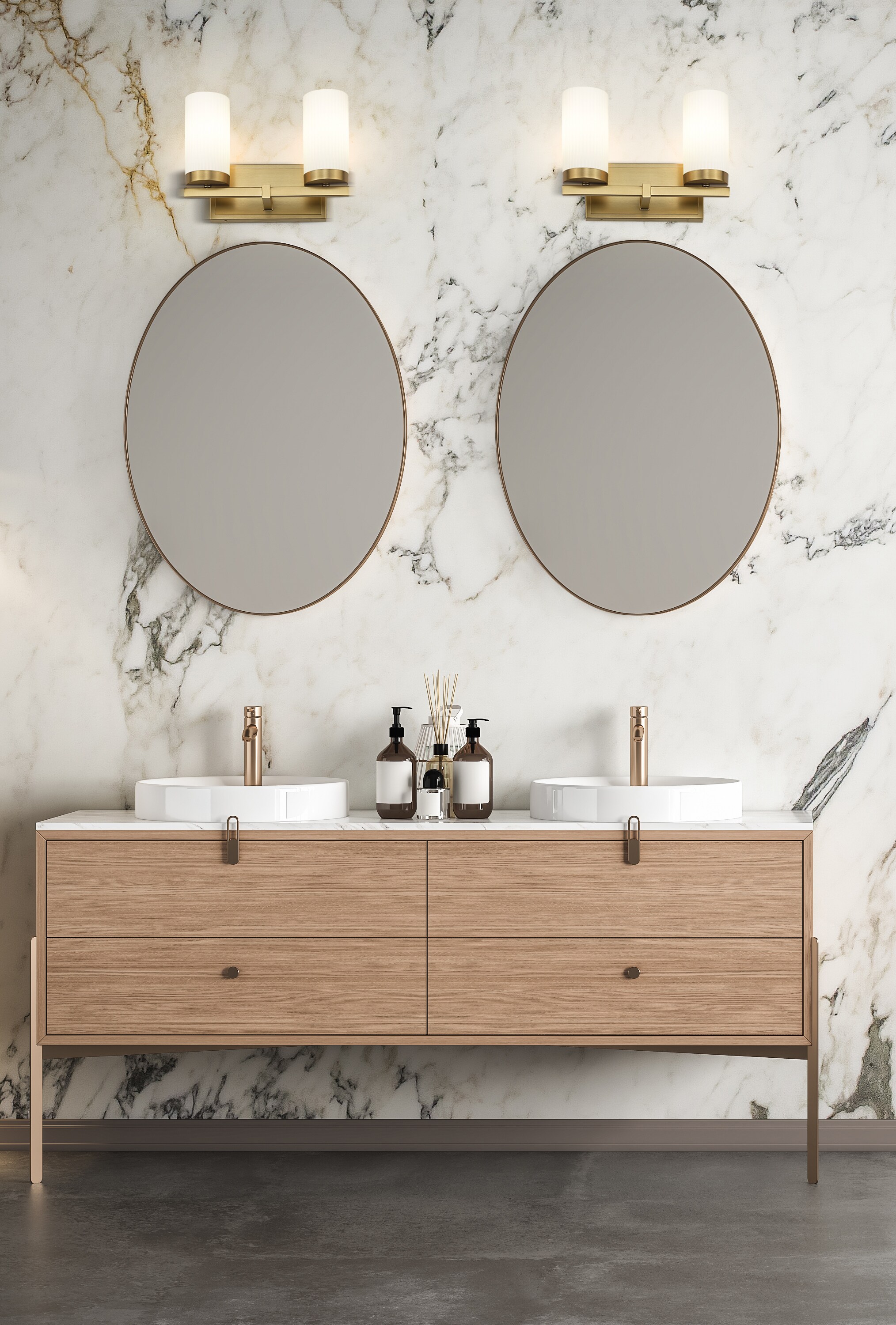 Modern Gold Vanity Light with Frosted White Glass Cylinders