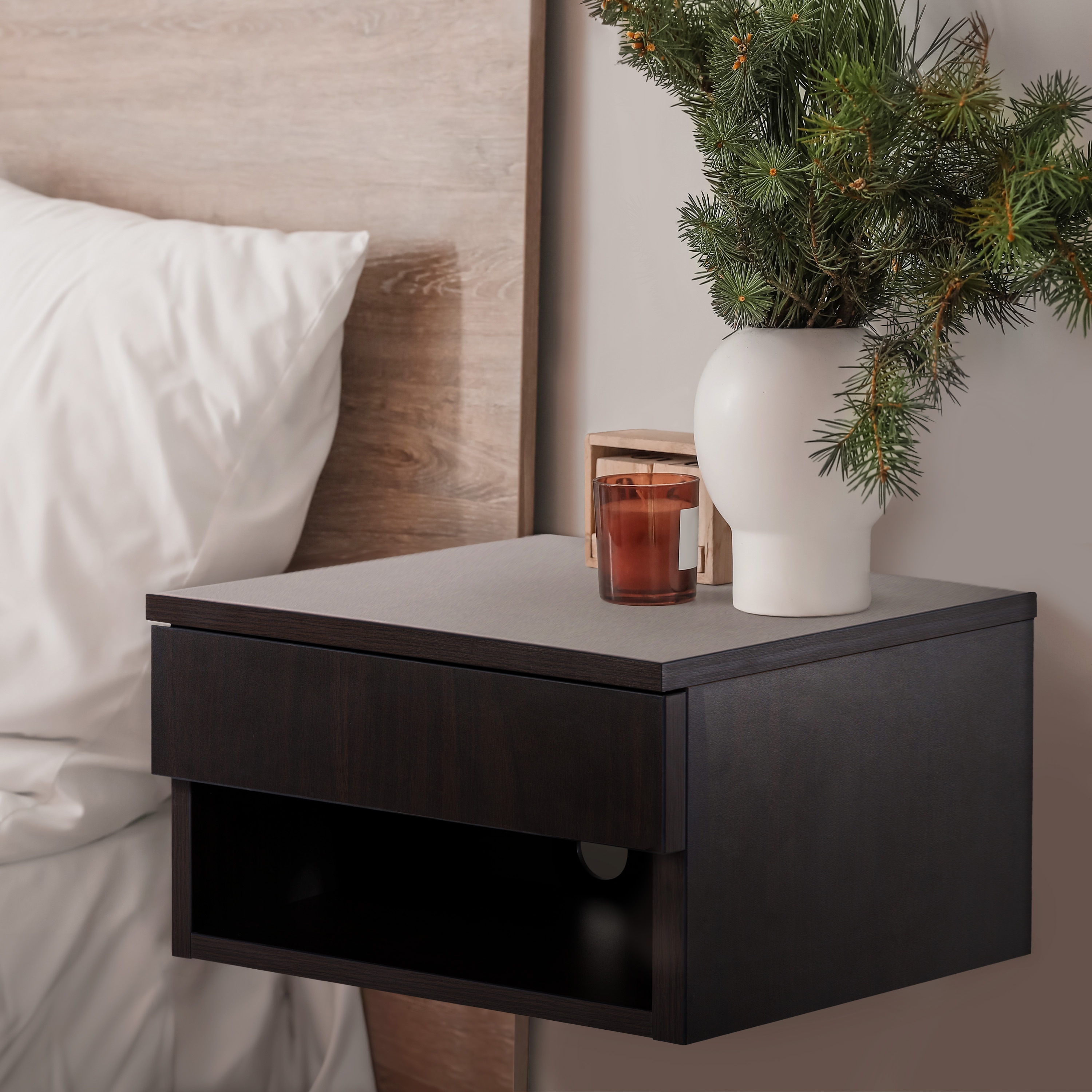 JONATHAN  Y NST2002B Ettore Soft-Close Drawer and Cable Hole Black Rubberwood Nightstand