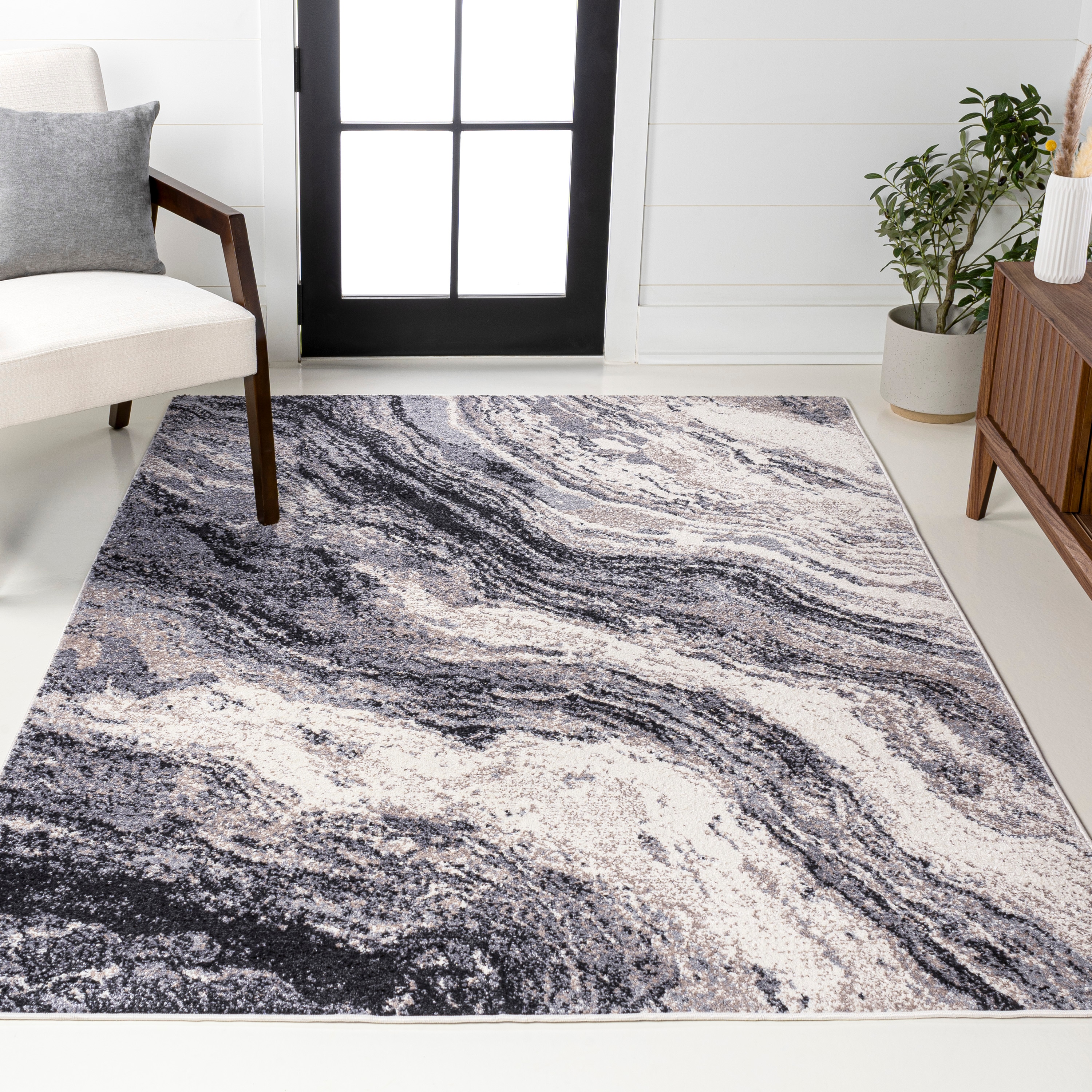JONATHAN  Y SEU300A-5 SUPERSOFT Kassia Abstract Marble 5 x 8 (ft) Loomed Polypropylene Charcoal/Cream Rectangular Indoor Abstract Bohemian/Eclectic Area rug