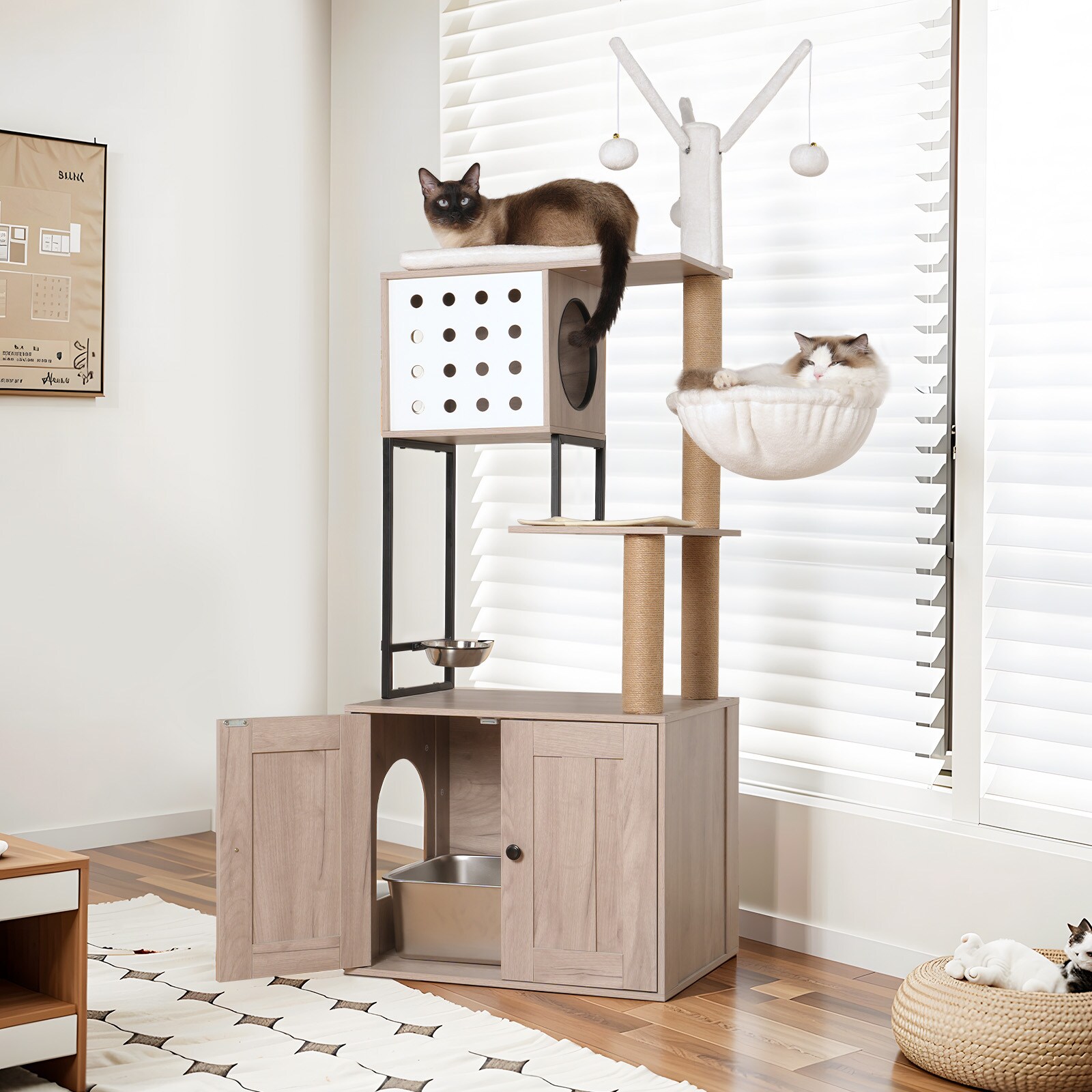 LOVMOR SF-L-W1687P304380 Cat Tree with Litter Box Enclosure Modern Cat Condo with Scratching Posts Feeding Bowl