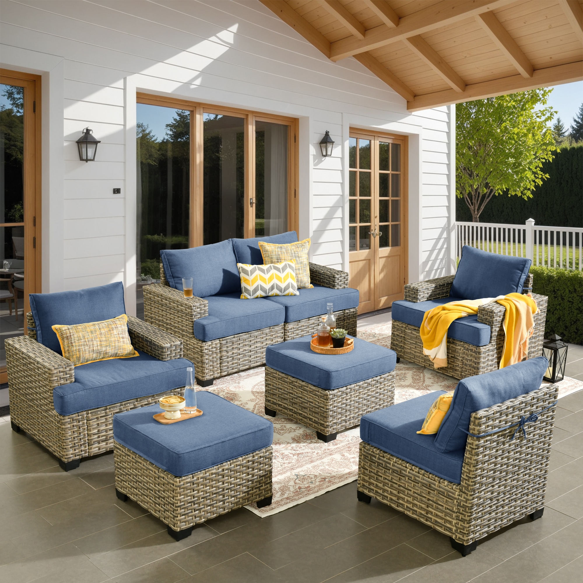 Pouuin STBS508 8 -Piece Wicker Patio Conversation Set with Blue Cushions