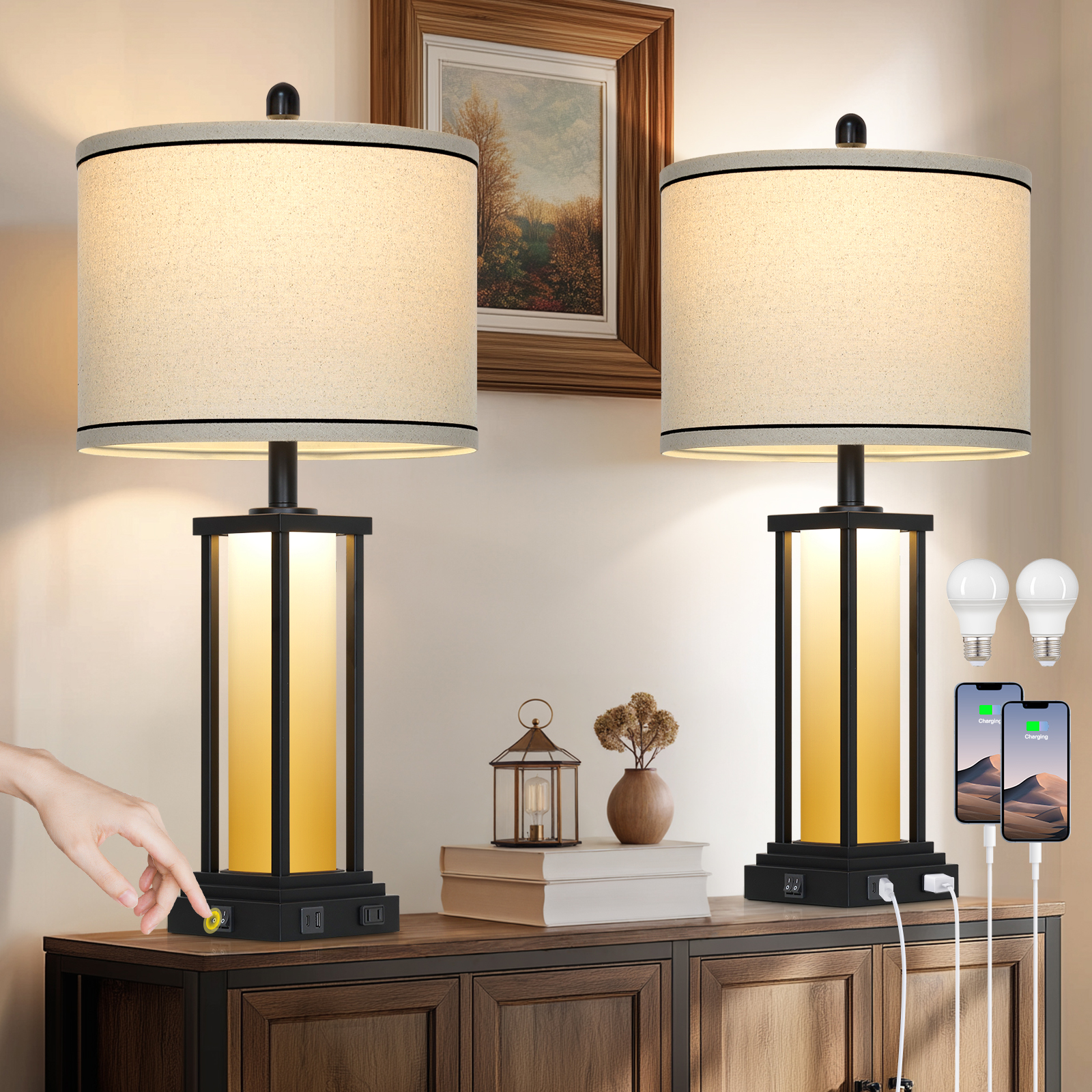 UrFurnishings - Vintage 27-in Black LED On/Off switch Table Lamp with Linen Shade
