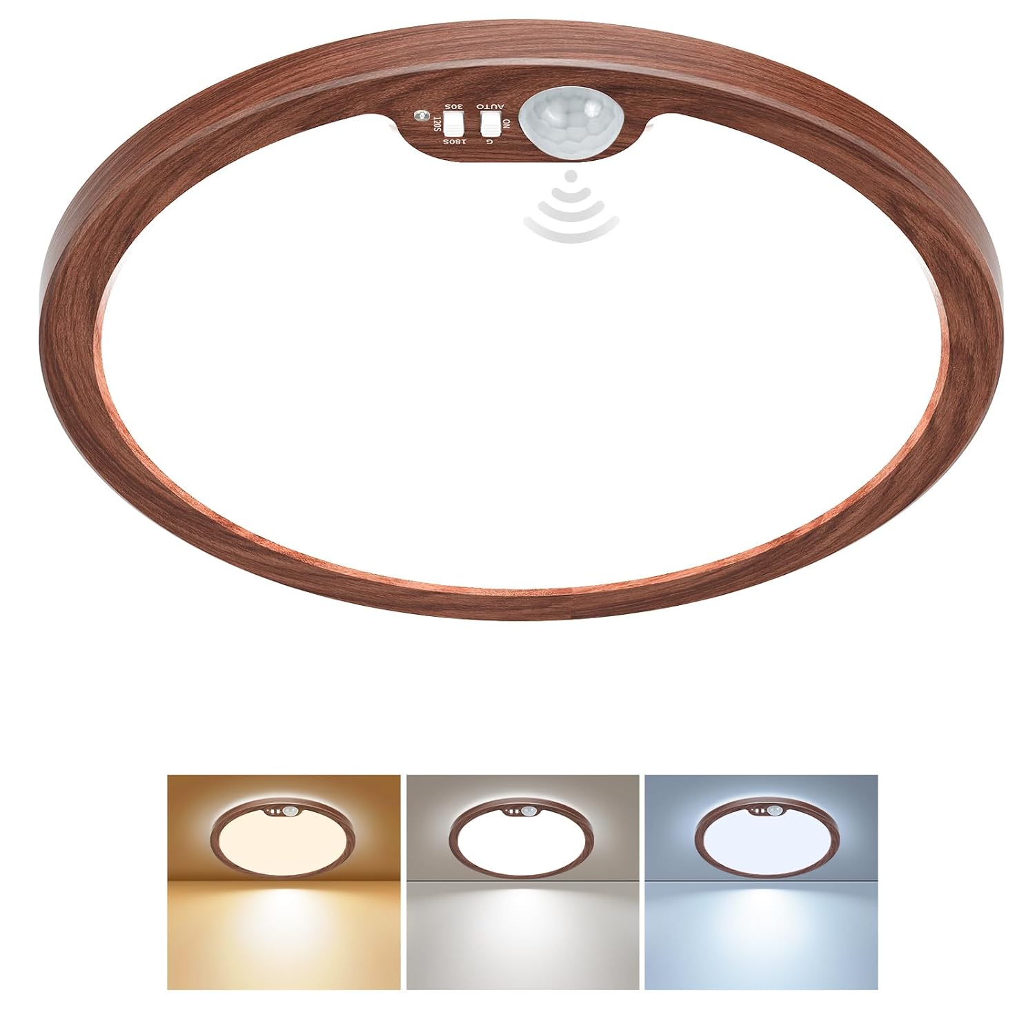 BLNAN 8.7 In 3-Color Selectable LED Flush Mount Ceiling Light with PIR Motion Sensor 3 Modes AUTO ON and Motion Only Hardwired Non-Dimmable for Hallway Closet Stair Walnut Finish