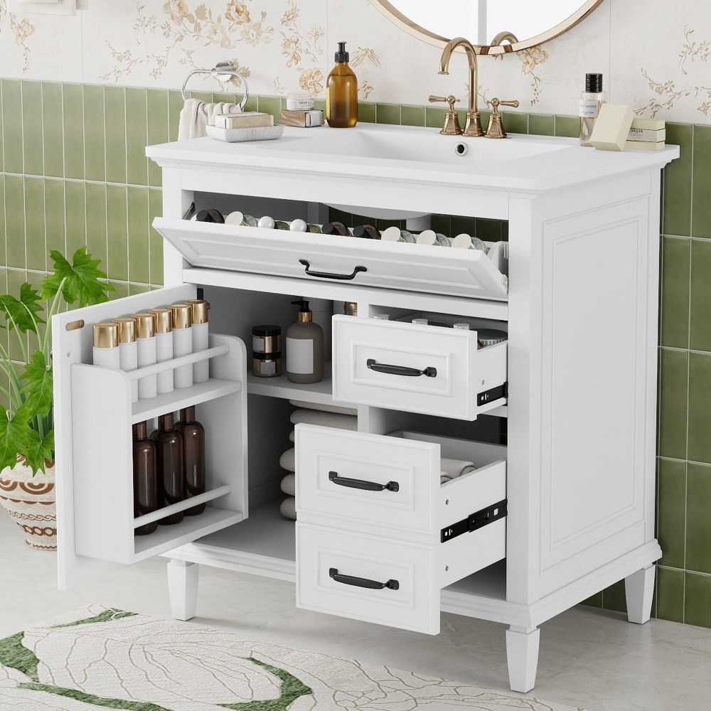 JUJABU - White 30 Inch Bathroom Vanity with Ceramic Sink Top Solid Wood Frame Adjustable Shelf