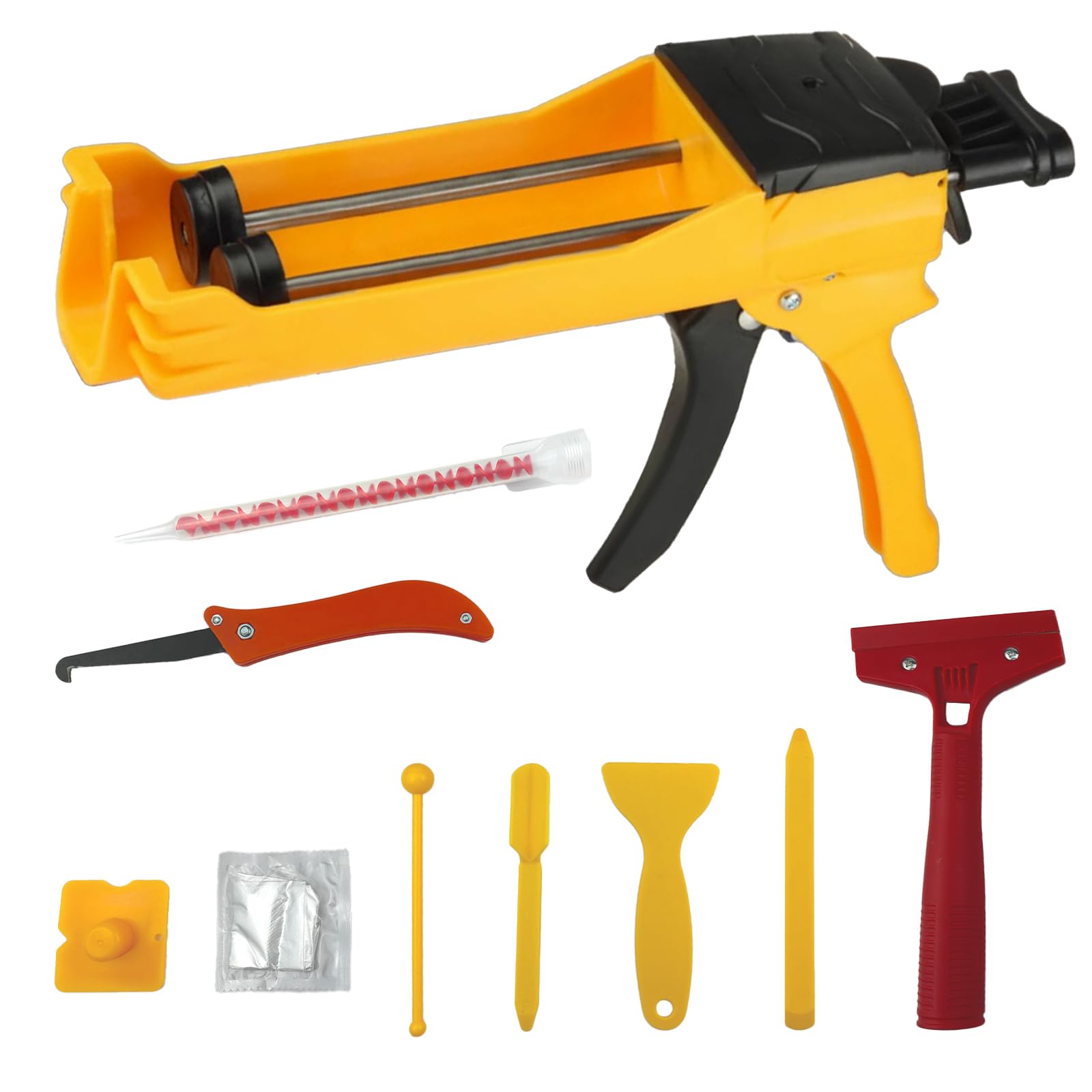 UUDULY Double Caulking Gun Dual Epoxy Gun for 400 mL 13.5 fl oz 1 to 1 Mix Ratio Manual Dual Component Adhesive Applicator with 9 Pieces Caulk #LUU0807U405