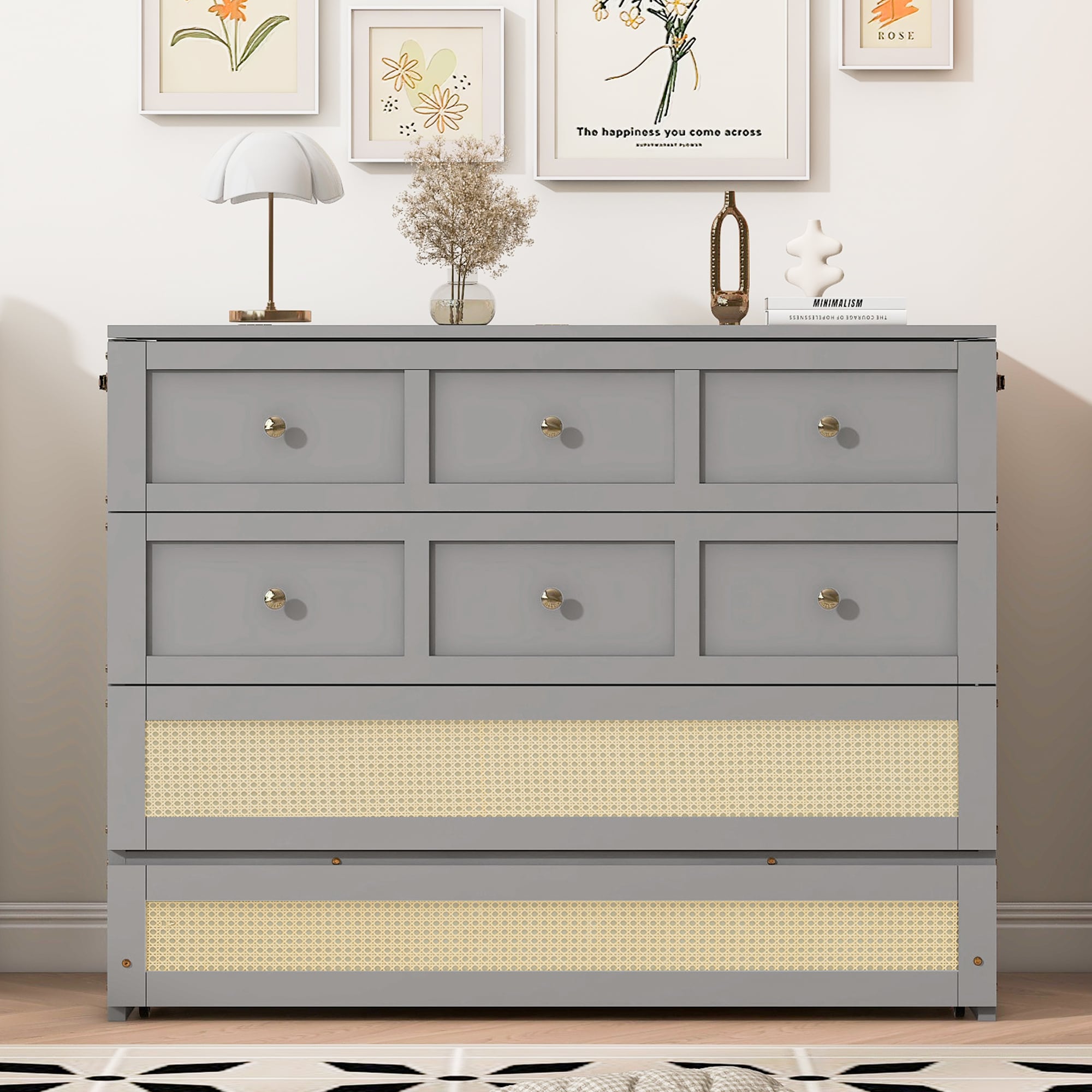 Roomfitters  Full Size Wood Murphy Cabinet Bed with Large Underbed Rattan Storage Drawer Free Standing Folding Bed Gray