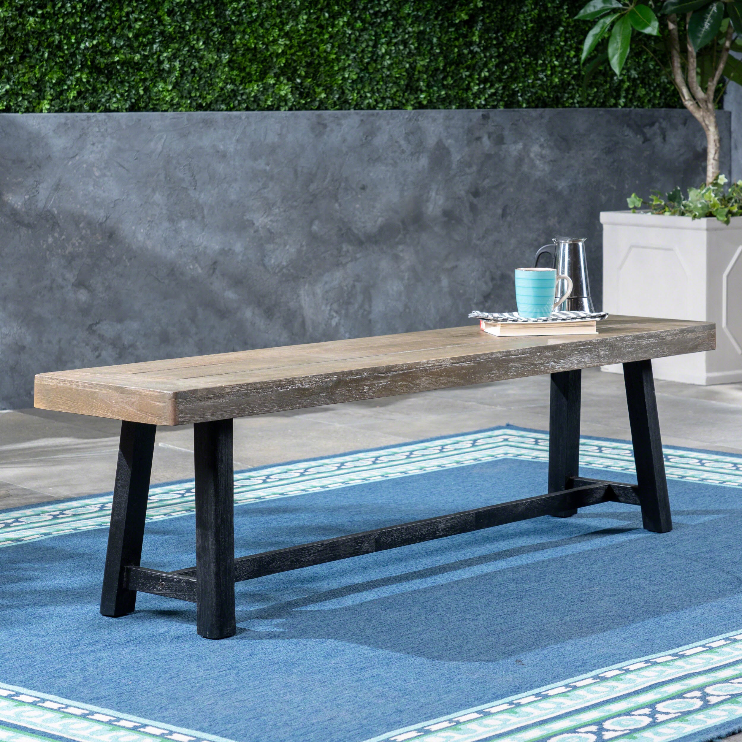 ModernLuxe - Assembly Required Outdoor Acacia Wood Bench Sandblast Gray Finish and Black