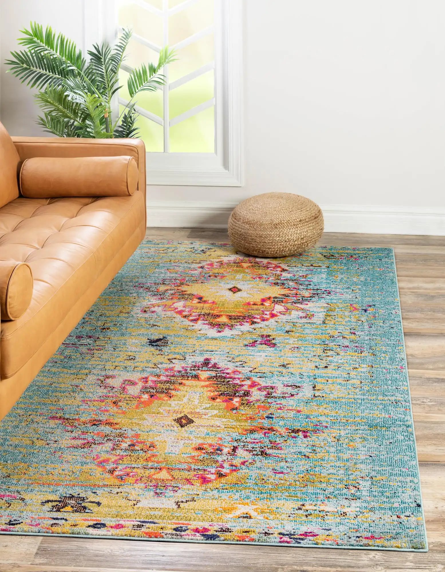Abstract Blue Synthetic 5' x 8' Easy-Care Rectangular Rug