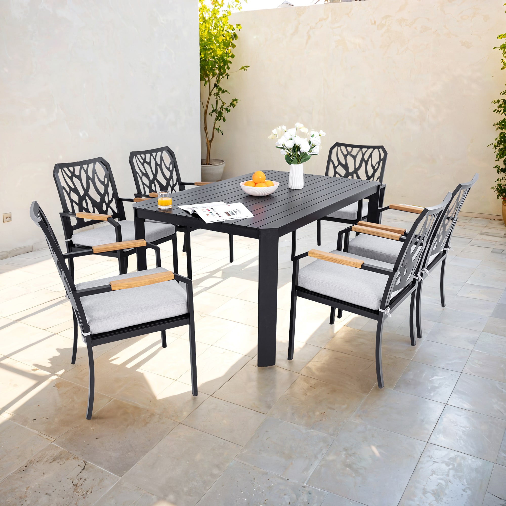 Mondawe MA-KNS00015-GY Sunbrella 7 -Piece Black Patio Dining Set Aluminum Rectangle Table with 6 Light gray Cushions Stationary Chairs