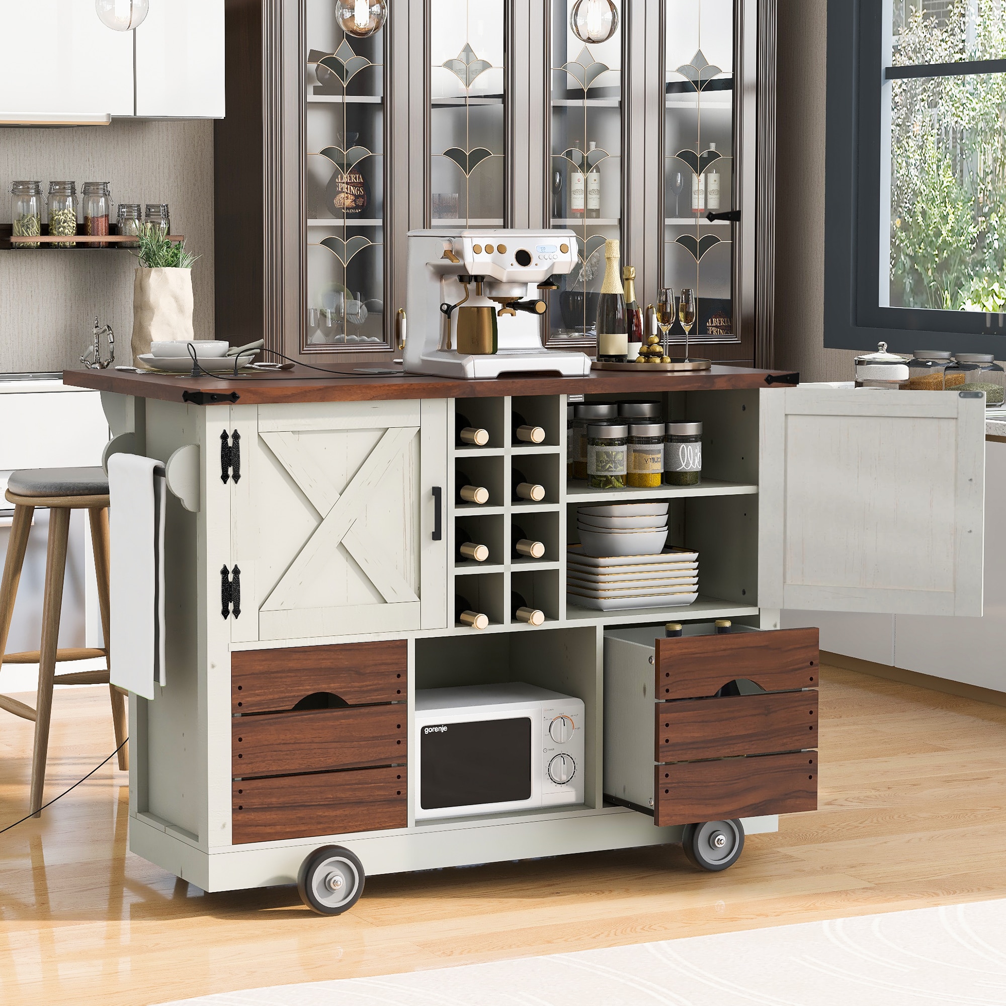 GDFStudio 54 Inch Farmhouse Kitchen Island with Drop Leaf Power Outlet Kitchen Storage Cart with 2 Doors 2 Drawers Rolling Kitchen Island on 4 Large Wheels with Spice Rack for Kitchen Dining Room White