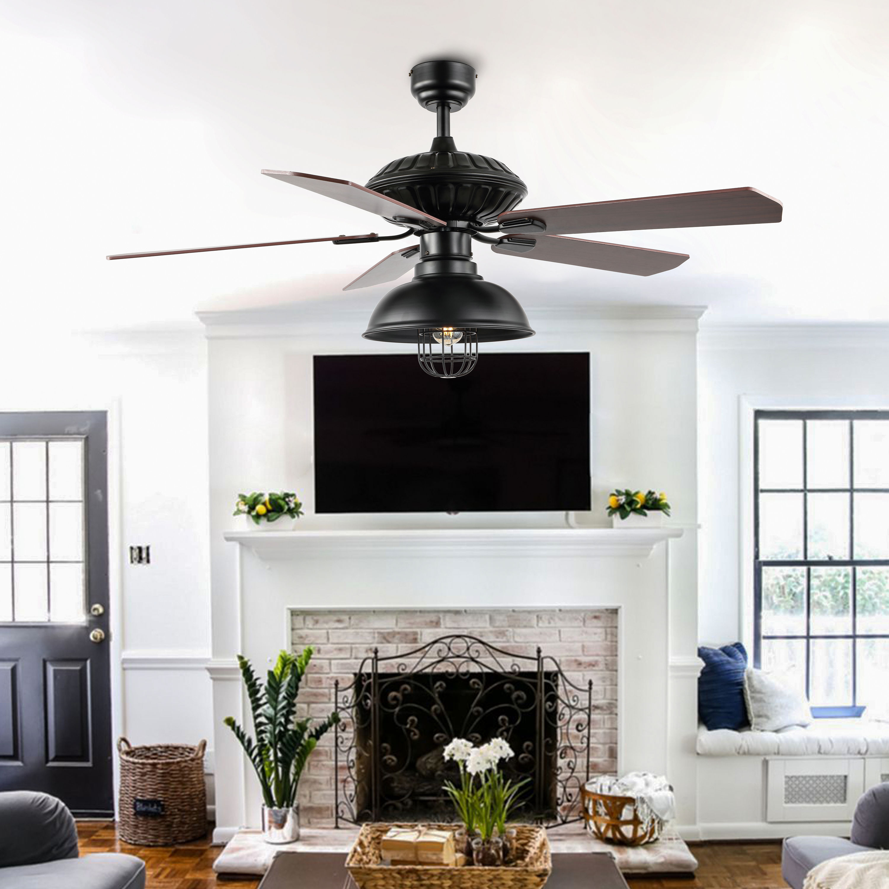 JONATHAN  Y JYL9615A Ashton Iron Dome Industrial 52-in Downrod or Flush Mount Black with Ashwood/Coffee Brown Blades Ceiling Fan With Light - Remote Included ( 5 -Blade )