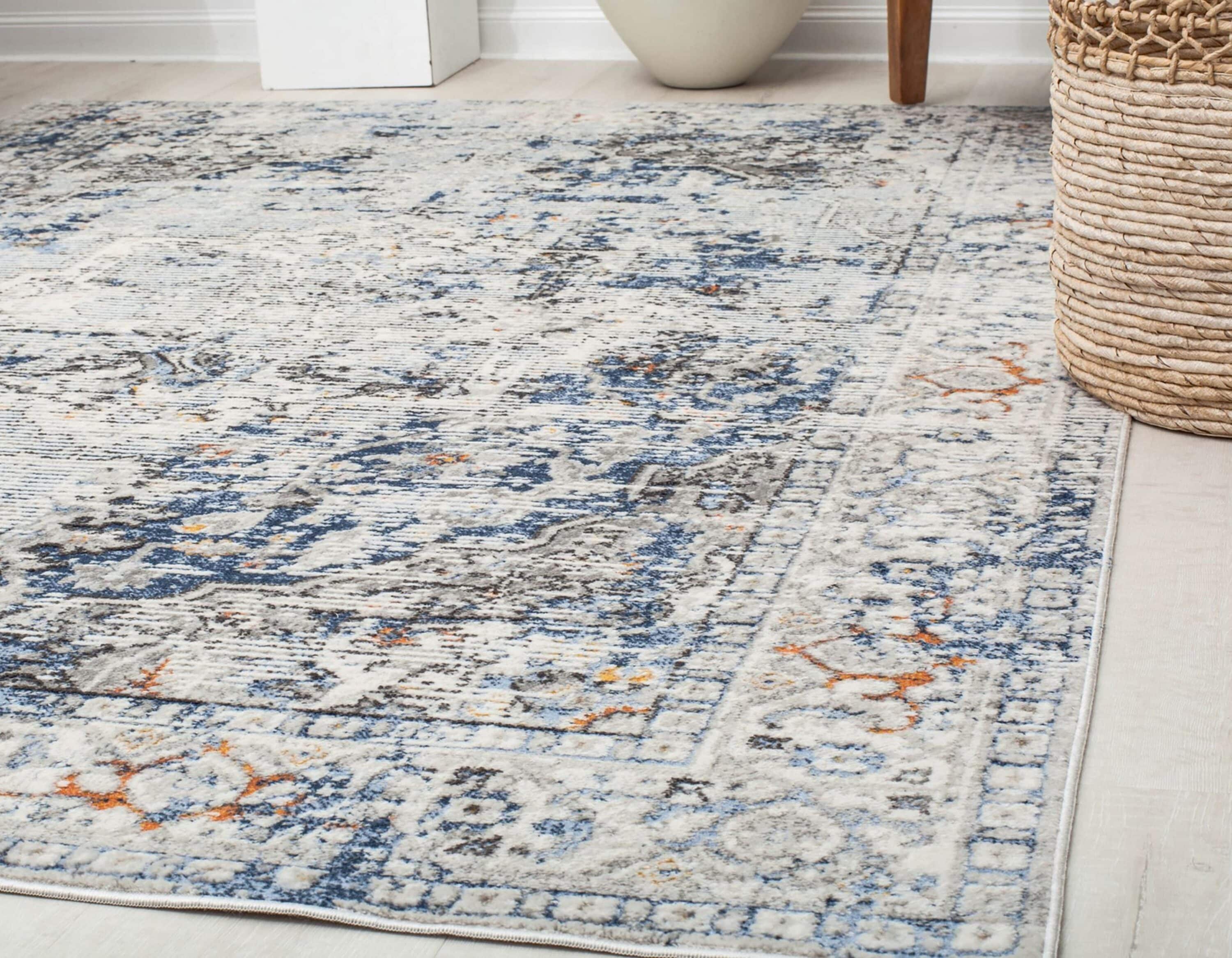 Blue and Gray Vintage Floral Rectangular Area Rug, 8' x 10'