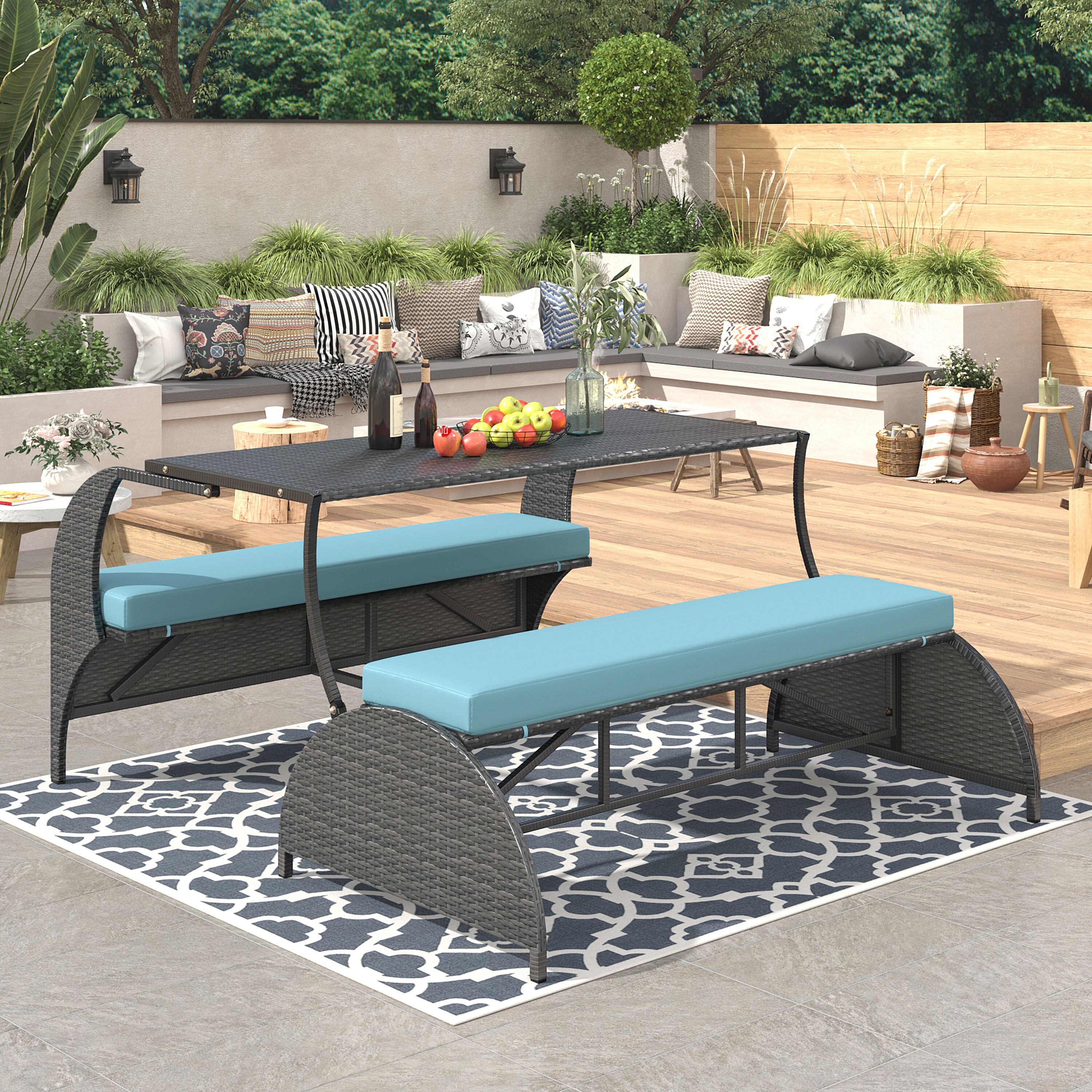 JIMSMAISON BOUSPD06BL Gray Rattan Patio Dining Set Iron Rectangle Table with 1 Blue Cushions Stationary Chairs