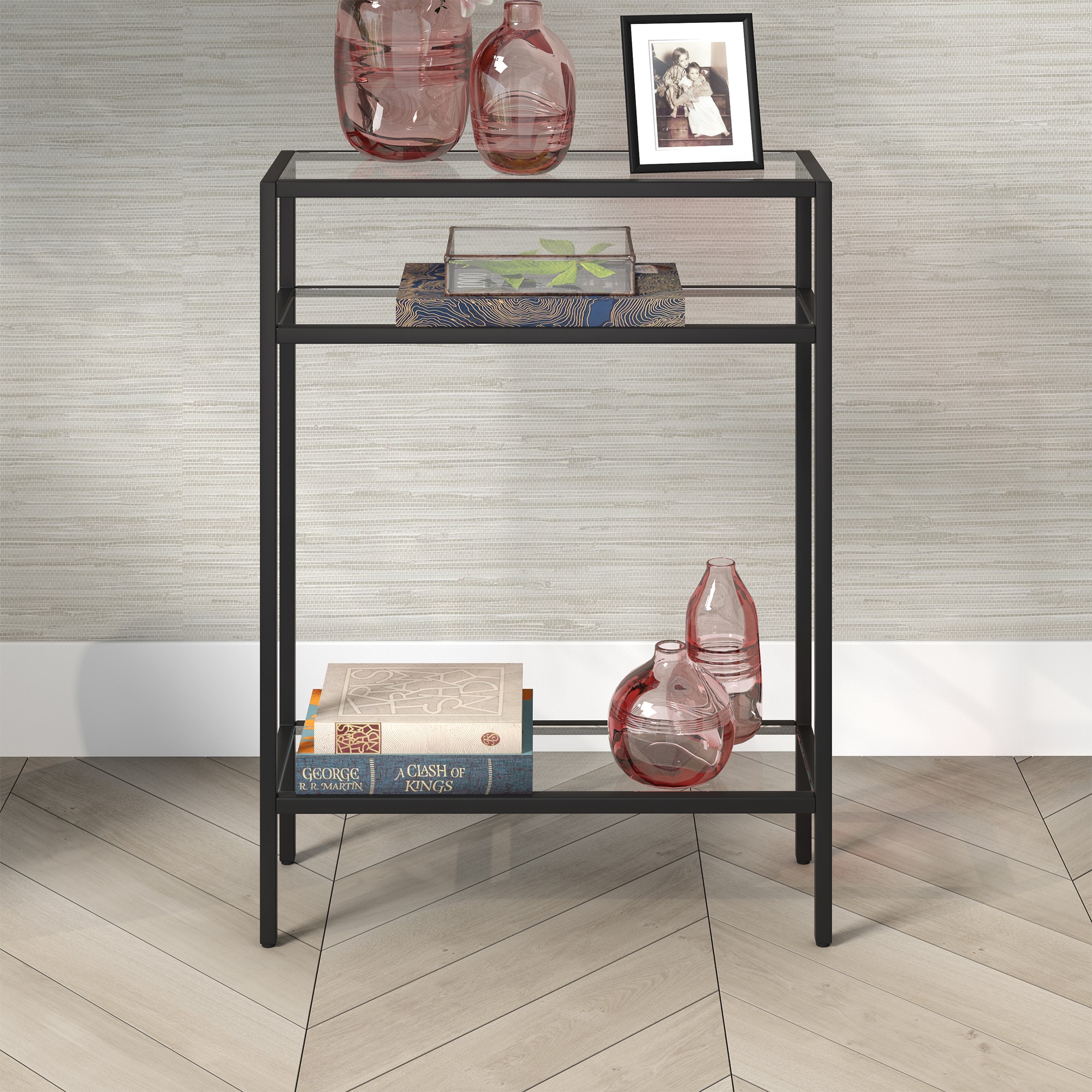 Blackened Bronze Glass Console Table with Storage, 29.5" Height