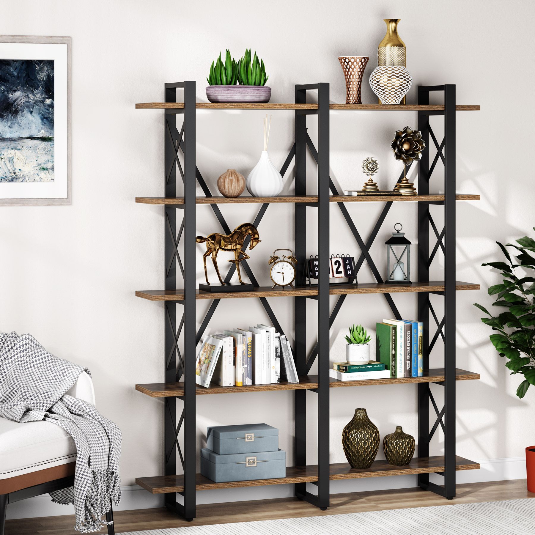 Tribesigns Brown Metal 5-Shelf Double Bookcase (59.05-in W x 70.86-in H ...