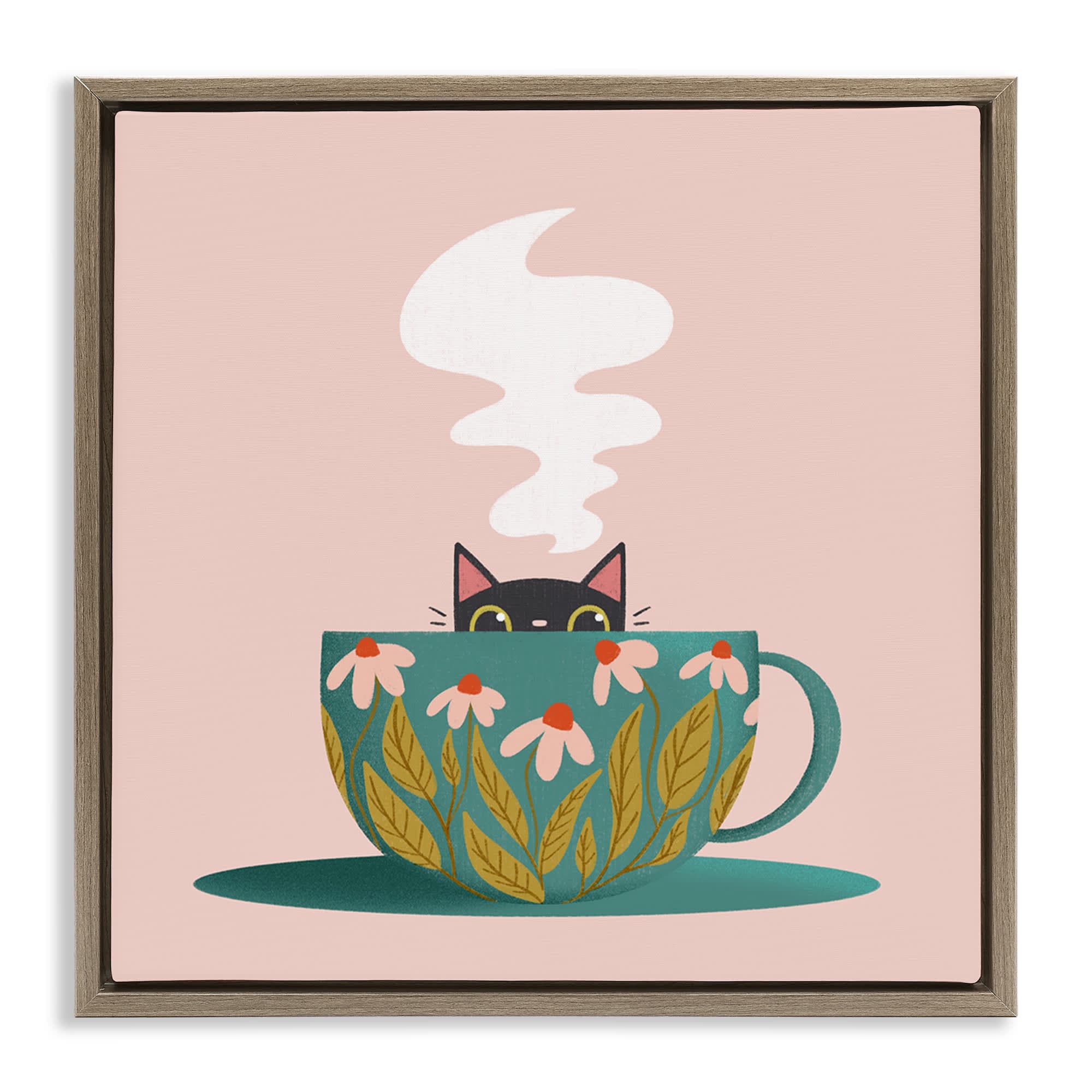 Stupell Industries BT-445-FFE-17X17 Cat Peeking Over Teacup Brown Framed Floater Canvas Wall Art By Sarah Hickman 18 x 18
