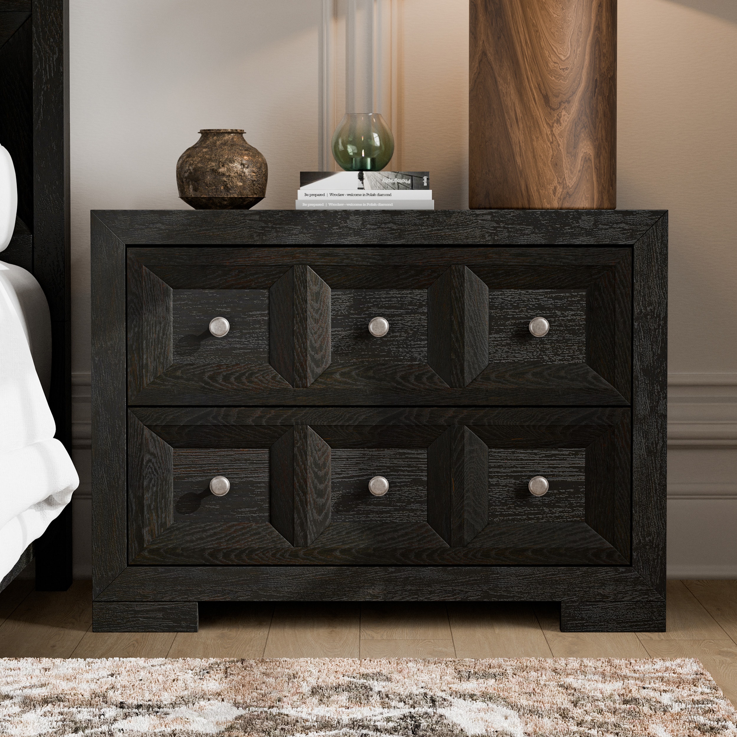 Furniture of America IDF-79011BK-N2 Flonnin Weathered Black Rubberwood Nightstand