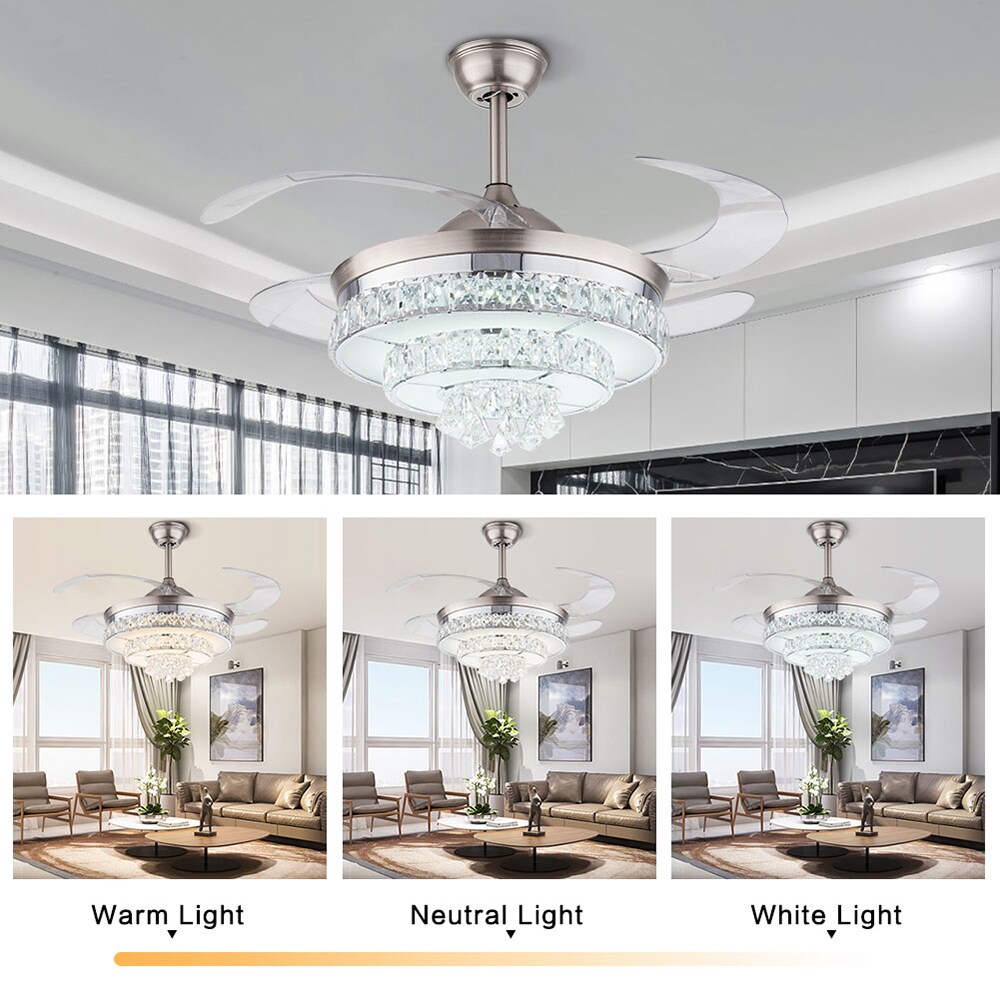 42''Reversible Chandelier Crystal Ceiling Fan with Lights, Stepless Dimming  Modern Ceiling Fan Remote Control Retractable Invisible Blades, 6 Speeds  Indoor Fandelier Kits for Living Room Bedroom 