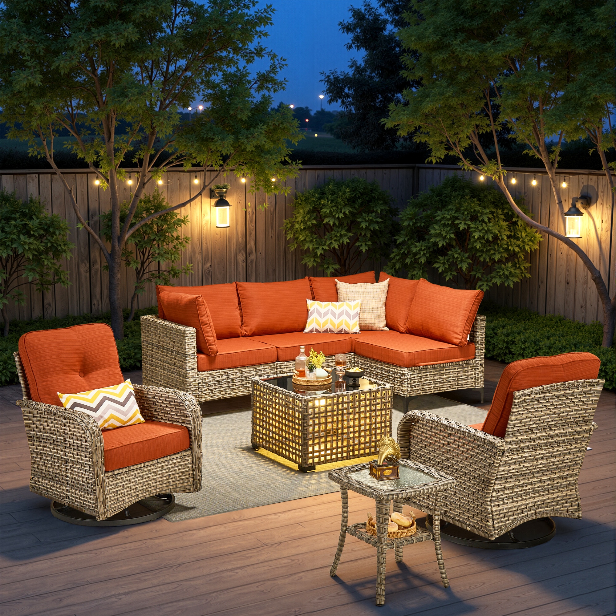 weaxty DSCRRSYZVNC80C8 Lotus Wicker Outdoor Sectional with Orange Cushions and Steel Frame