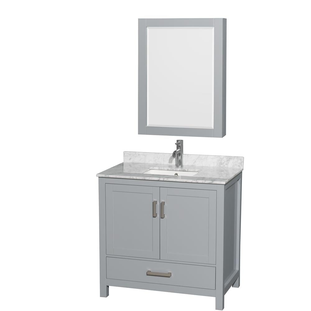 Wyndham Collection WCS141436SGYCMUNSMED Sheffield 36-in Gray with Brushed Chrome Trim Undermount Single sink Bathroom Vanity with White Marble Top (Mirror Included)