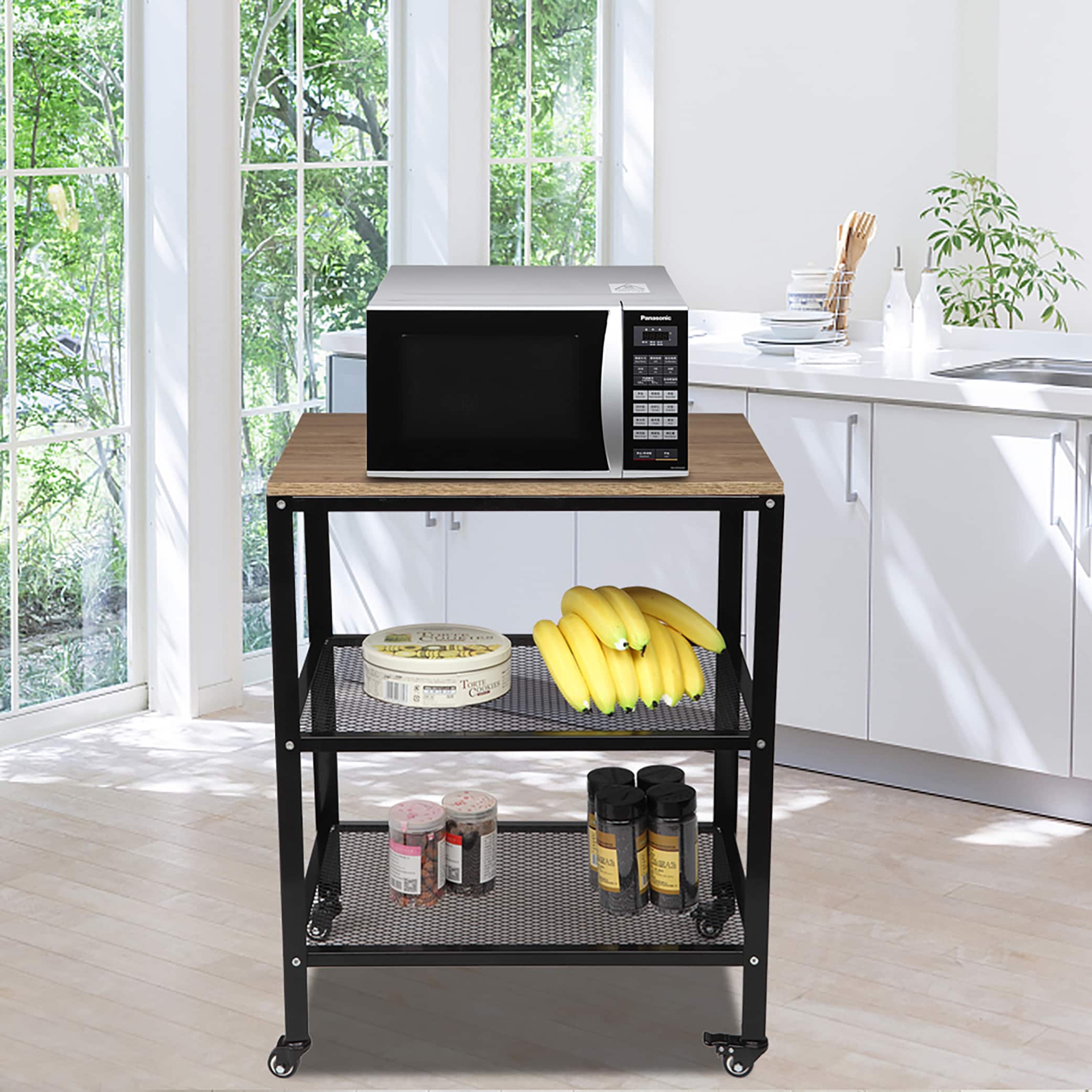 Mind Reader Woodland Collection, Rolling 3-Tier Kitchen Microwave