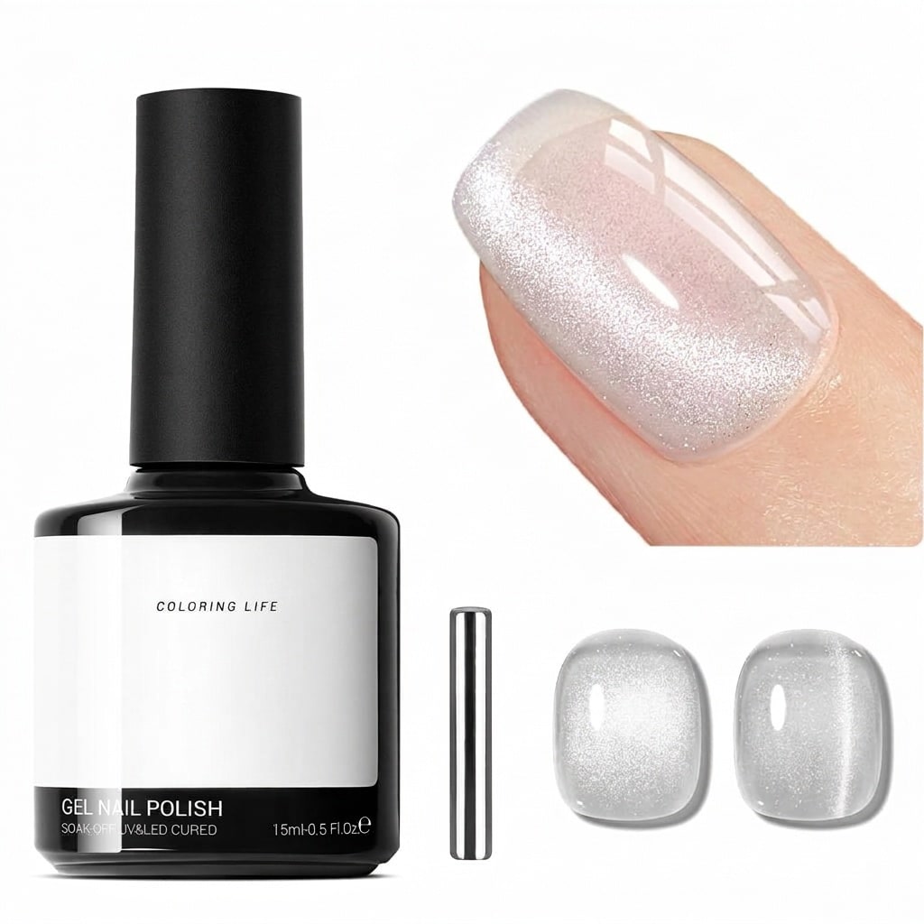 Phyfalip Silver Cat Eye Gel Nail Polish Glitter White Holographic High Density Crystal UV Soak Off Shimmer Nail Polish with Magnet 15ML 1 Bottle #X05PF12037