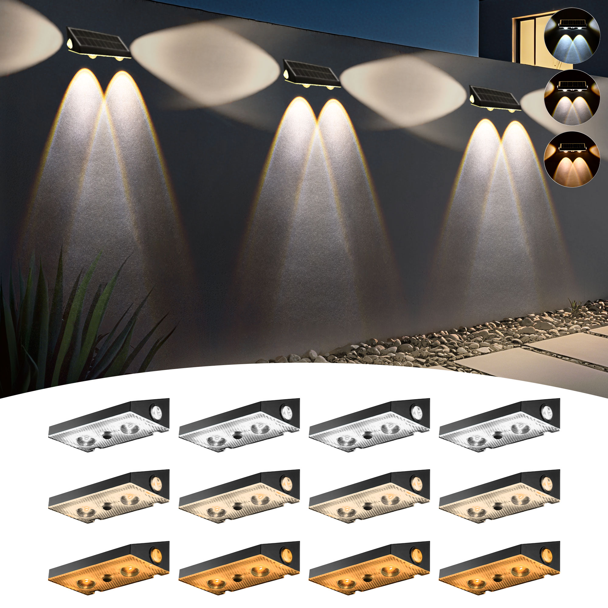 Unique Bargains 3-way Solar Fence Lights Outdoor 12pcs 3CCT Warm White Cool White 3-way Solar Deck Lights IP65 Waterproof Fence Light for Outside Stairs Backyard