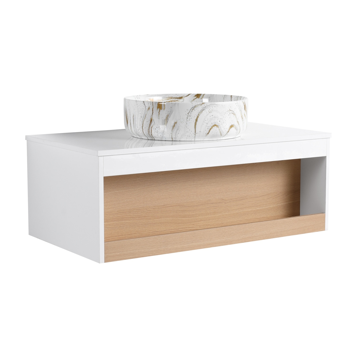 36 Inch Wall-Mounted Floating Vanity with Golden Round Vessel Sink and Open Shelf