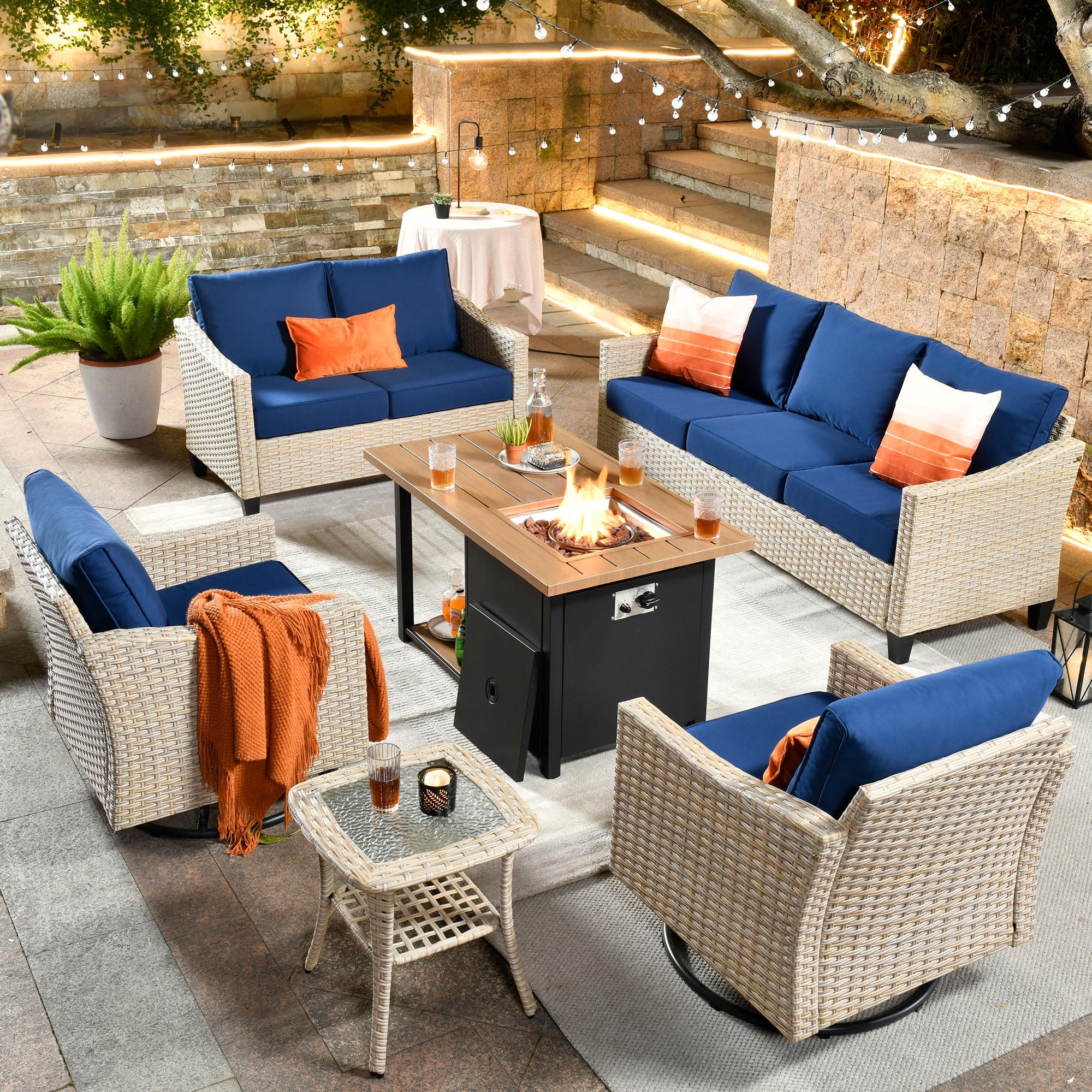 weaxty HMBFPDAR708 Athena 6 -Piece Wicker Patio Sofa Conversation Set with Blue Cushions