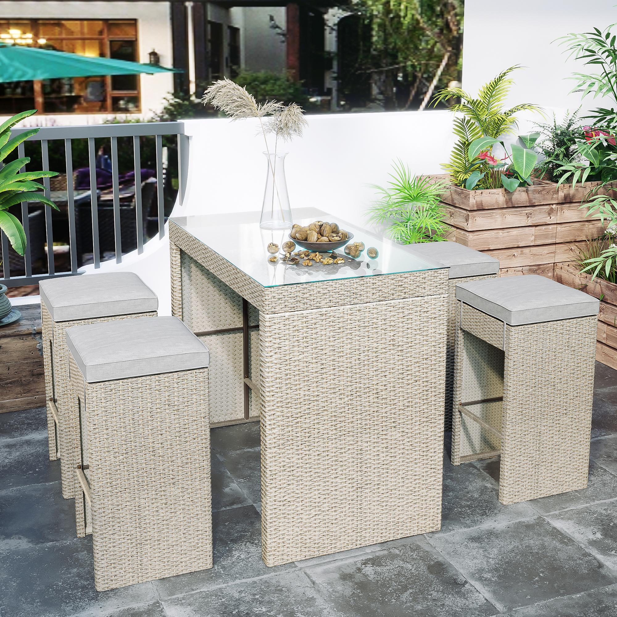 Bayfeve BFTP-238AAD High Quality Patio Rattan Set 5 -Piece Light Brown Rattan Bar Height Patio Dining Set Rattan Rectangle Table with 4 Brown Cushions Stationary Chairs