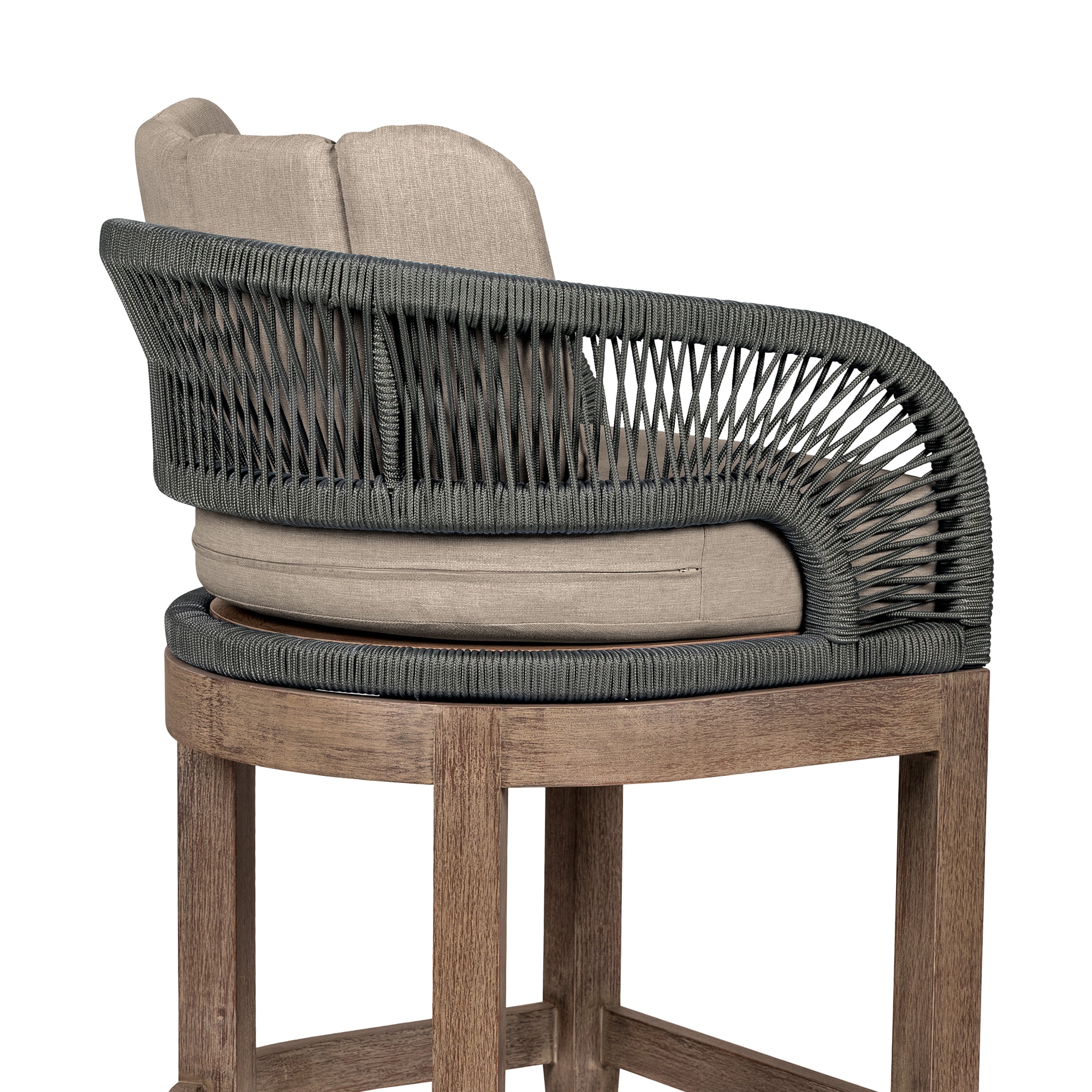 26" Weathered Eucalyptus Outdoor Counter Stool with Gray Rope and Taupe Cushions
