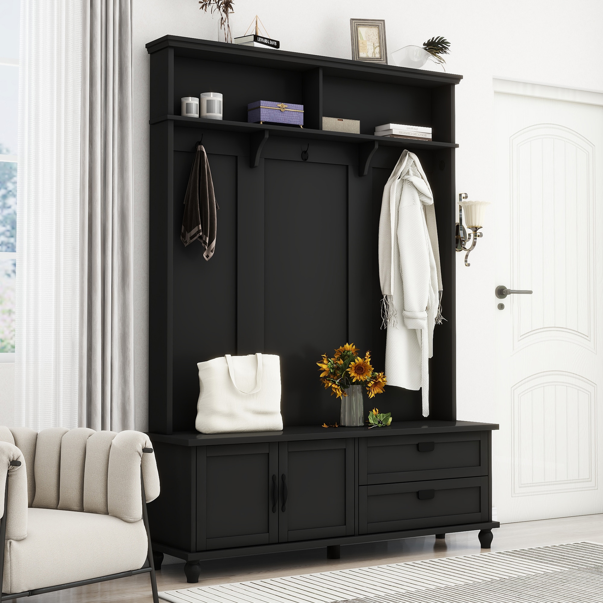 ModernLuxe WF306450AAB Modern Style Hall Tree with Storage Cabinet and 2 Large DrawersWiden Mudroom Bench with 5 Coat HooksBlack