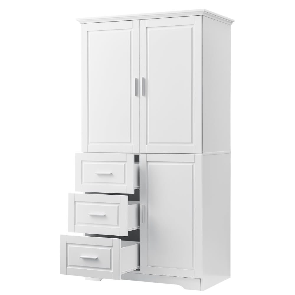 LuckByte 23.00 in. W x 15.90 in. D x 61.40 in. H White MDF Tall Bathroom Storage Cabinet Linen Cabinet with 3 Drawers Doors