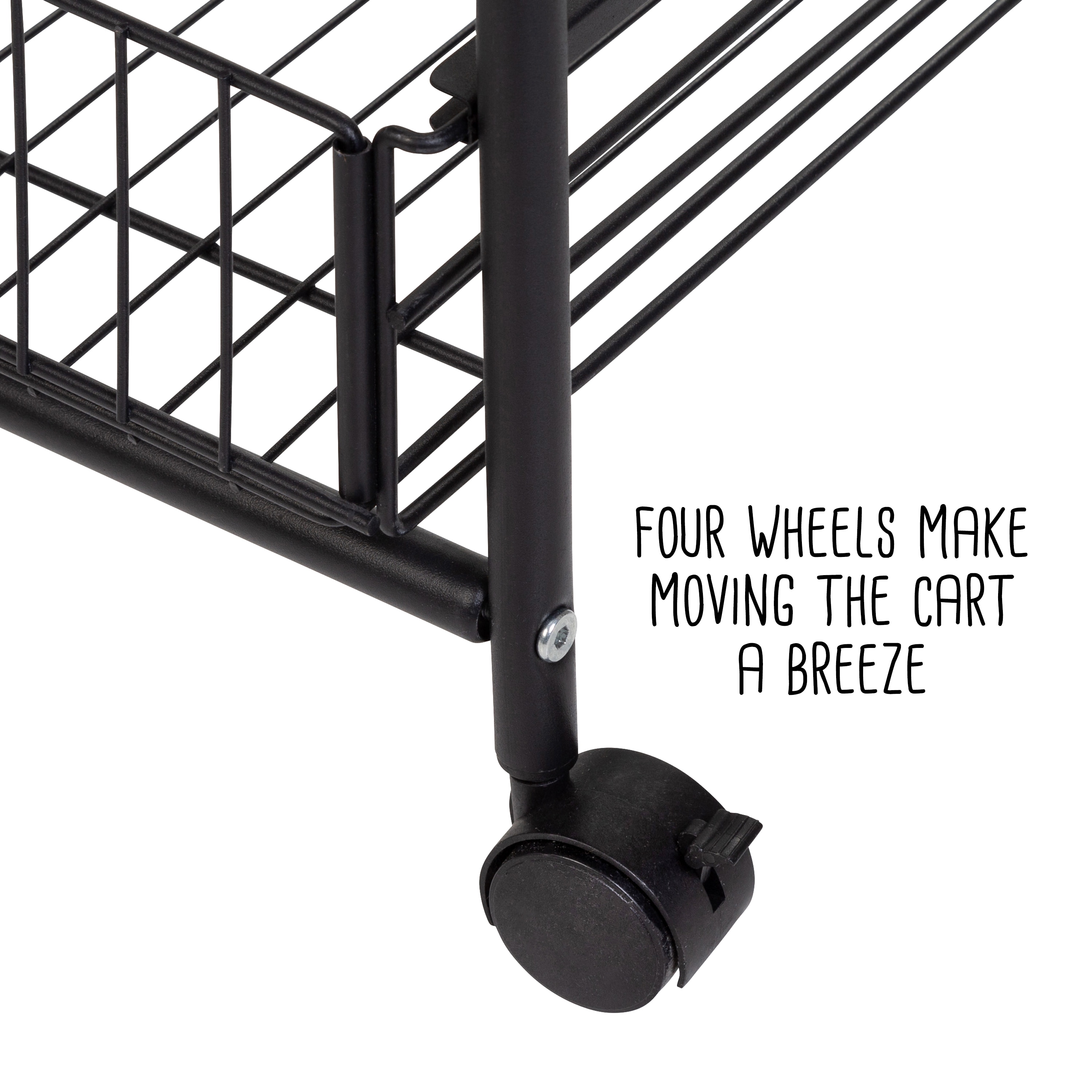 Black 3-Tier Rolling Kitchen Cart with Wood Top and Storage