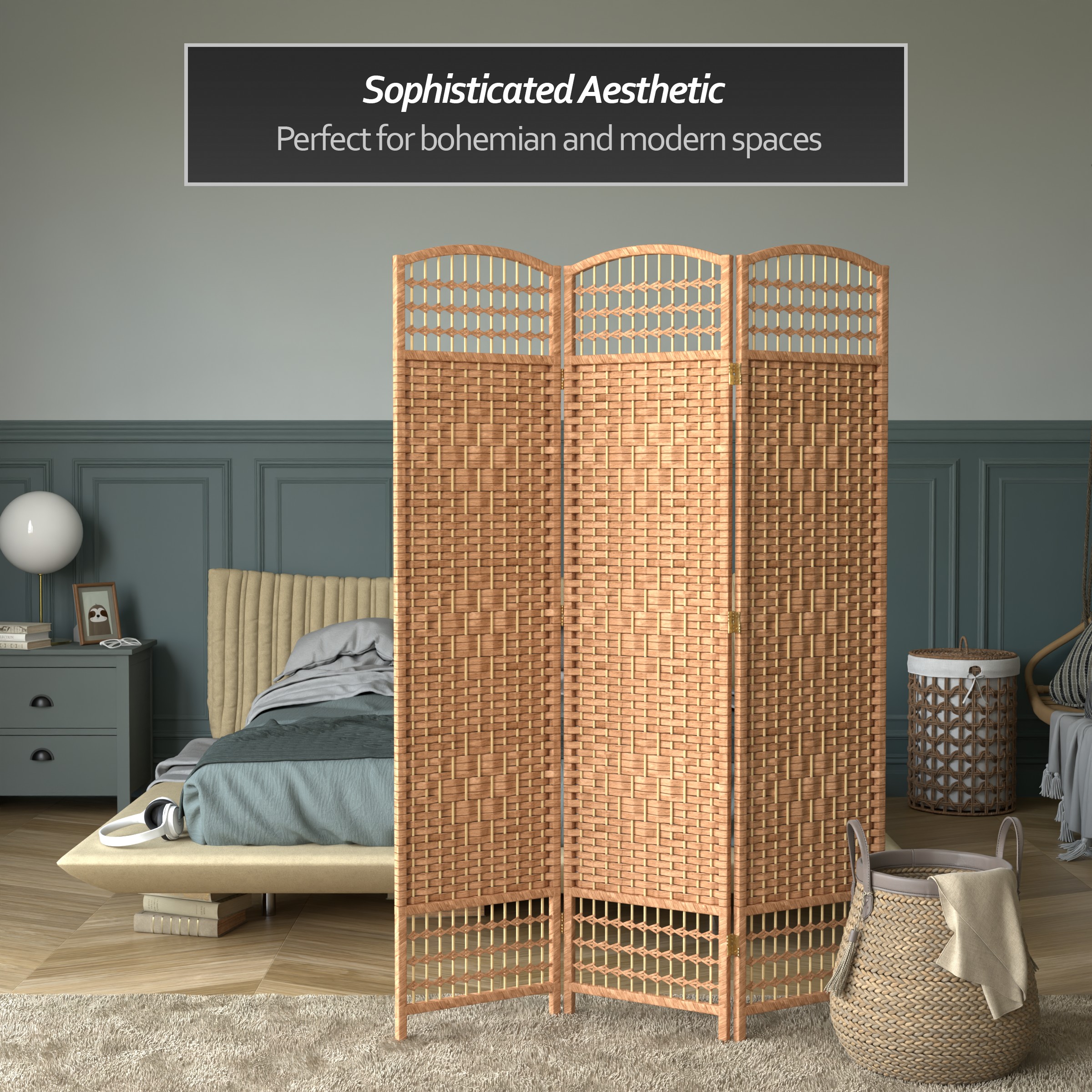 Natural Fiber and Wood 3-Panel Folding Room Divider
