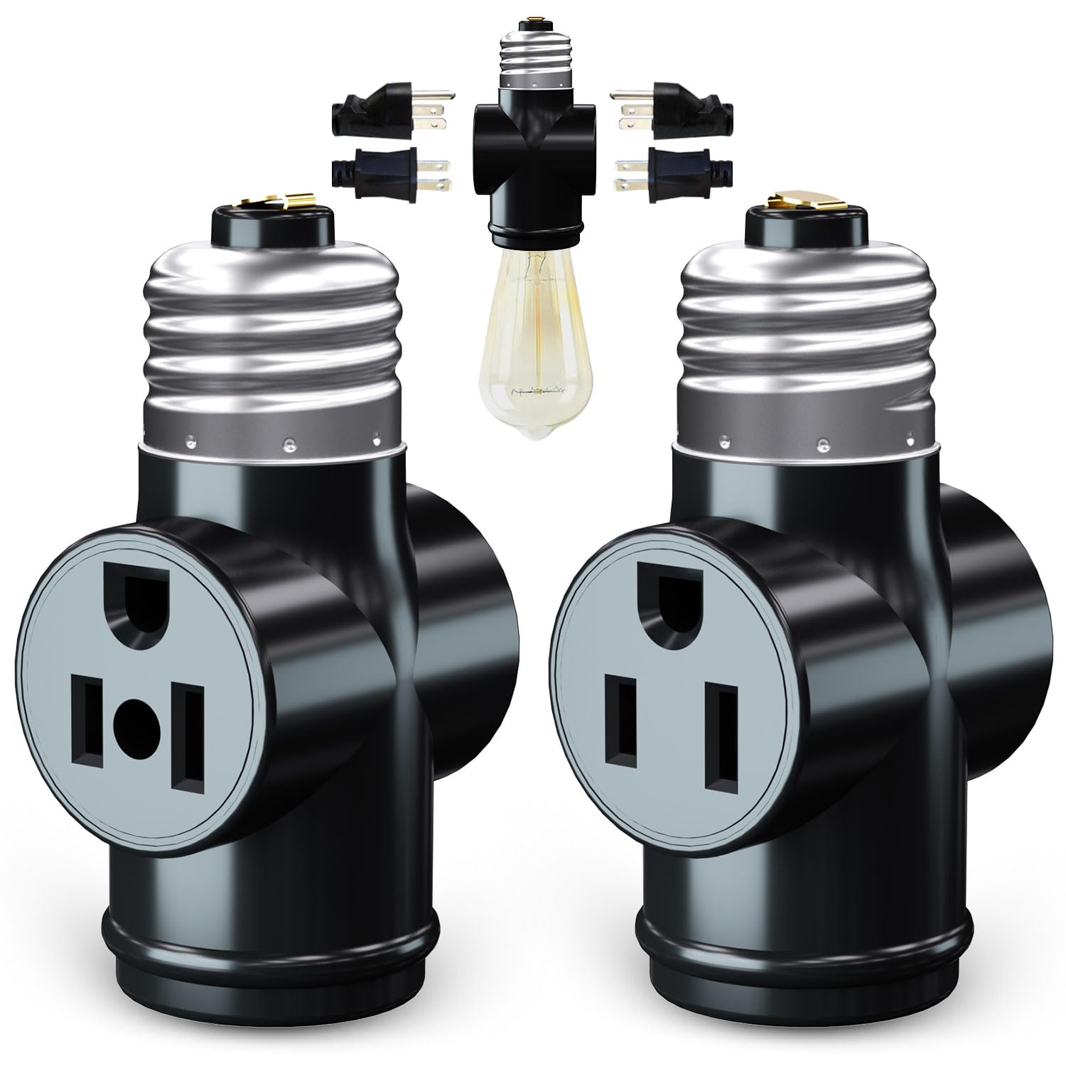 Lukvuzo LS Brand Light Socket to Plug Adapter E26 to 3 Prong Outlet Converter Two Pack Black for Indoor and Outdoor Use 2 #LLU0716L085