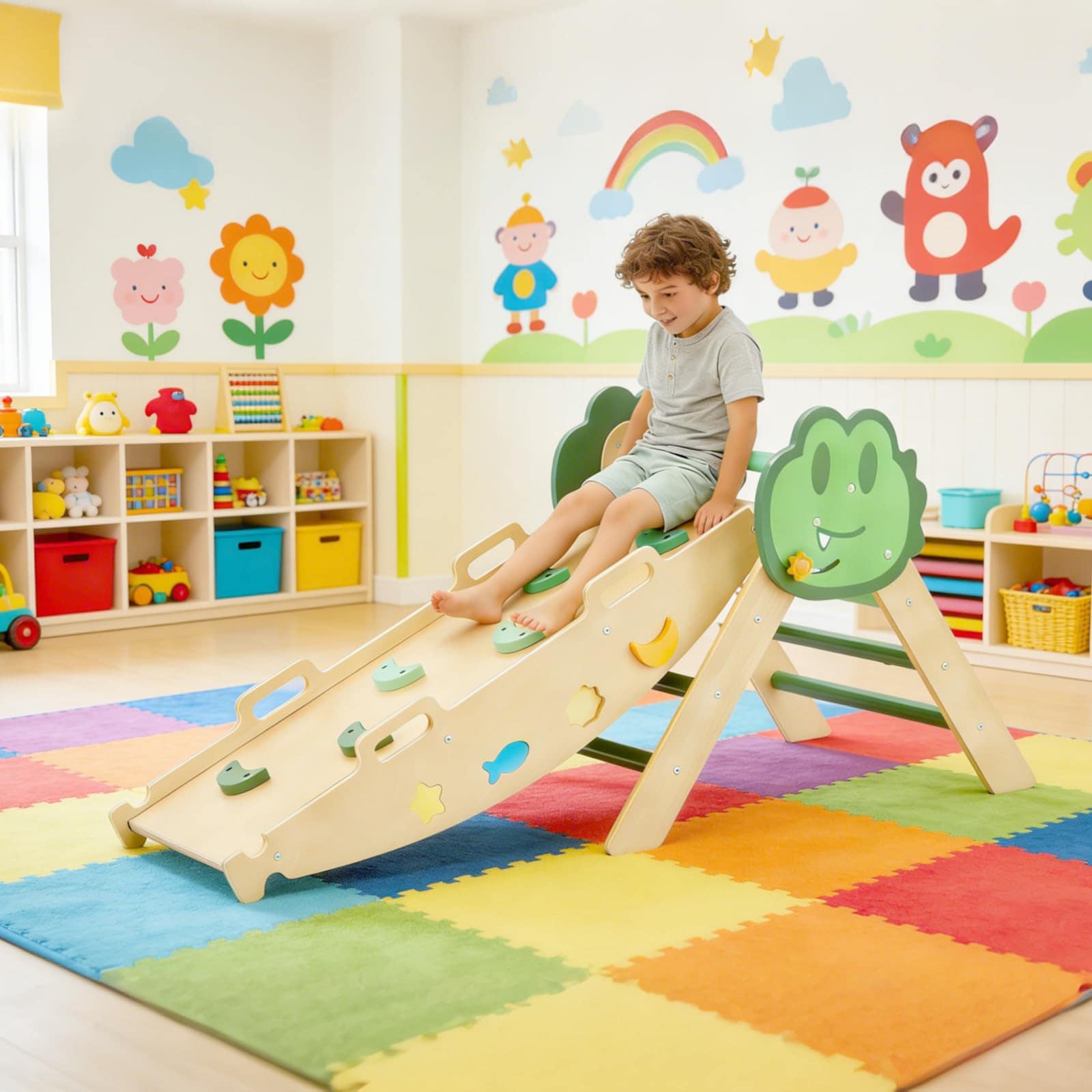 IdealHouse 7-in-1 Collapsible Climbing Triangle Climbing Set - Educational Wooden Indoor Playground Gym for Toddlers - Includes Arch Ramp Ladder - Jungle Gym Activity Center for Boys and Girls - Green