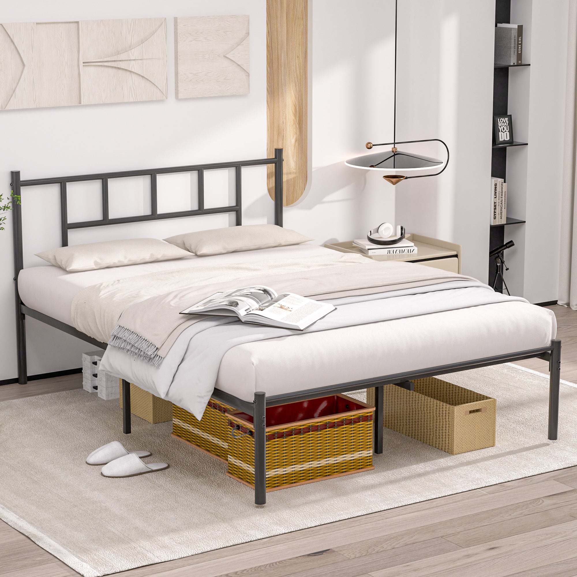 Vecelo LOE-Q39-BLK Queen Metal Platform Bed Frame with Headboard Heavy Duty Steel Slat Support Under Bed Storage Easy Assembly