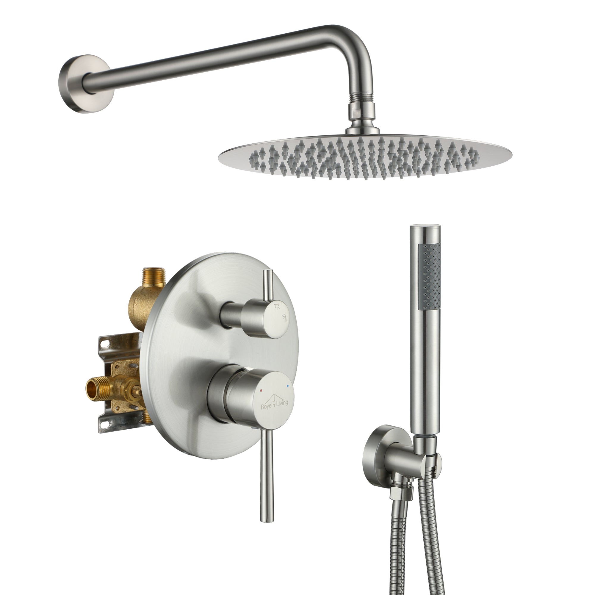 Boyel Living MS-A1605-BN 1-Spray Patterns with 2.5 GPM 10 in. Round Wall Mount Dual Shower Heads with Pressure Balance Valve in Brushed Nickel